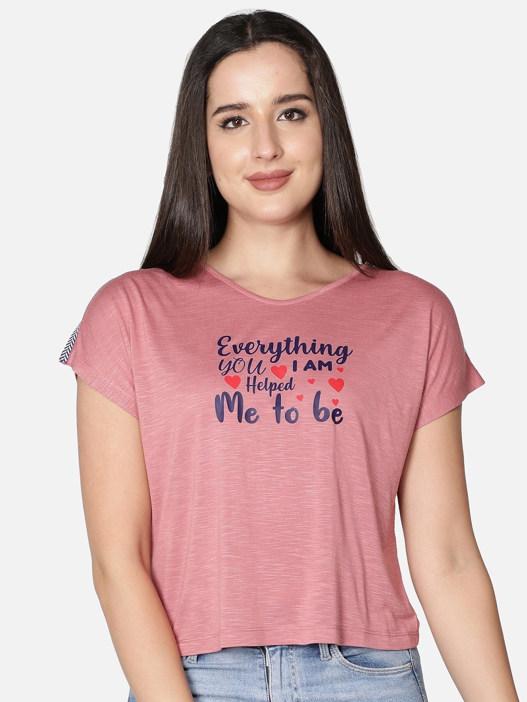 

NUEVOSDAMAS Women Pink Extended Sleeves T-shirt