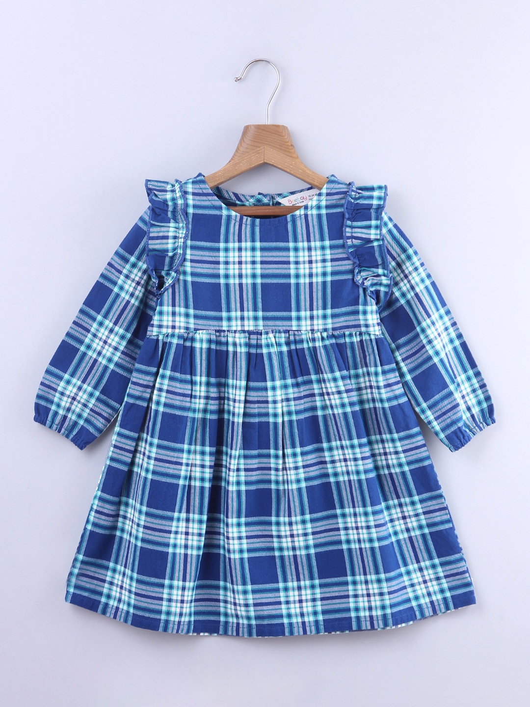 

Beebay Girls Blue & Turquoise Blue Checked Cotton Gathered A-Line Dress