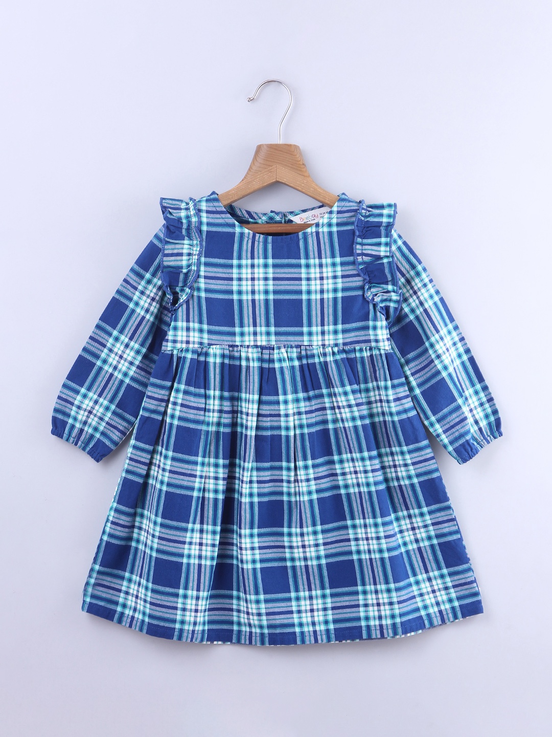 

Beebay Girls Blue Checked Gathered Cotton A-Line Dress
