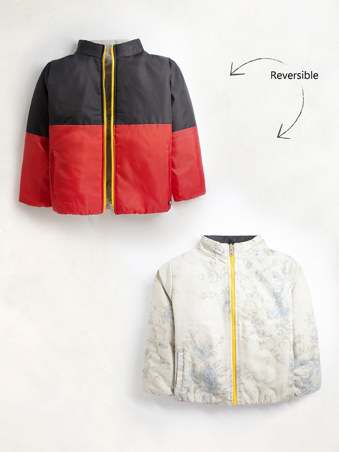 

Cherry Crumble Boys Red Black Colourblocked Reversible Open Front Jacket