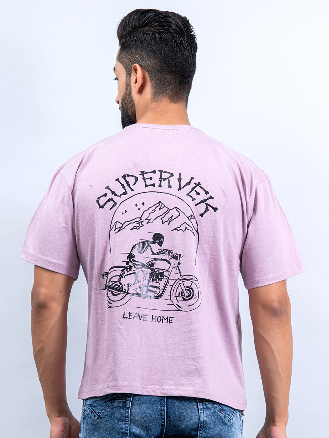

Tistabene Men Lavender Biker Printed Raw Edge Oversized T-shirt