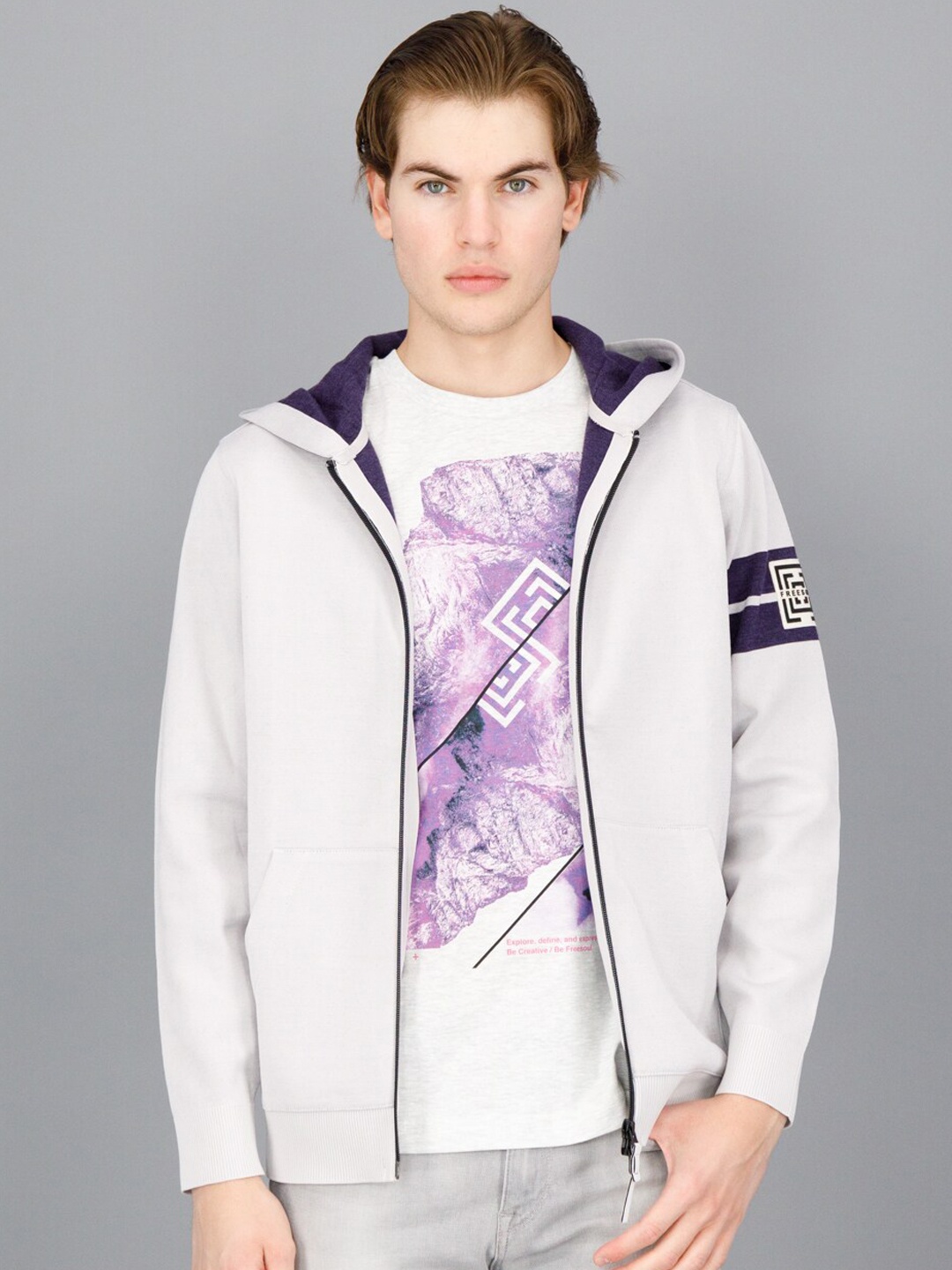 

FREESOUL Men Off White & Purple Hooded Open Front Jacket