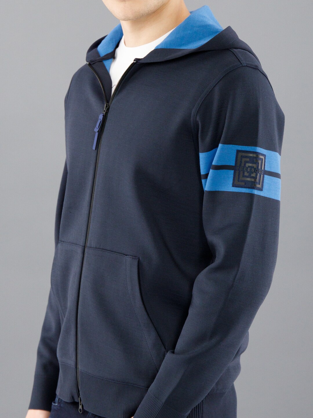 

FREESOUL Men Blue Hooded Open Front Jacket