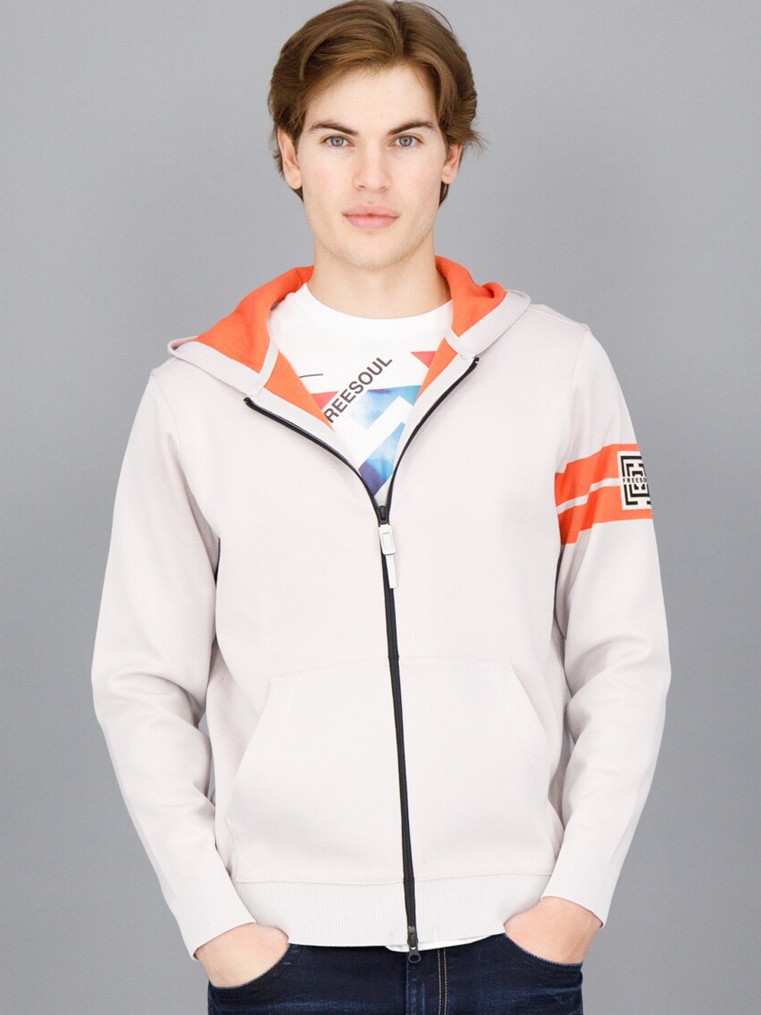 

FREESOUL Men Off White & Orange Hooded Open Front Jacket