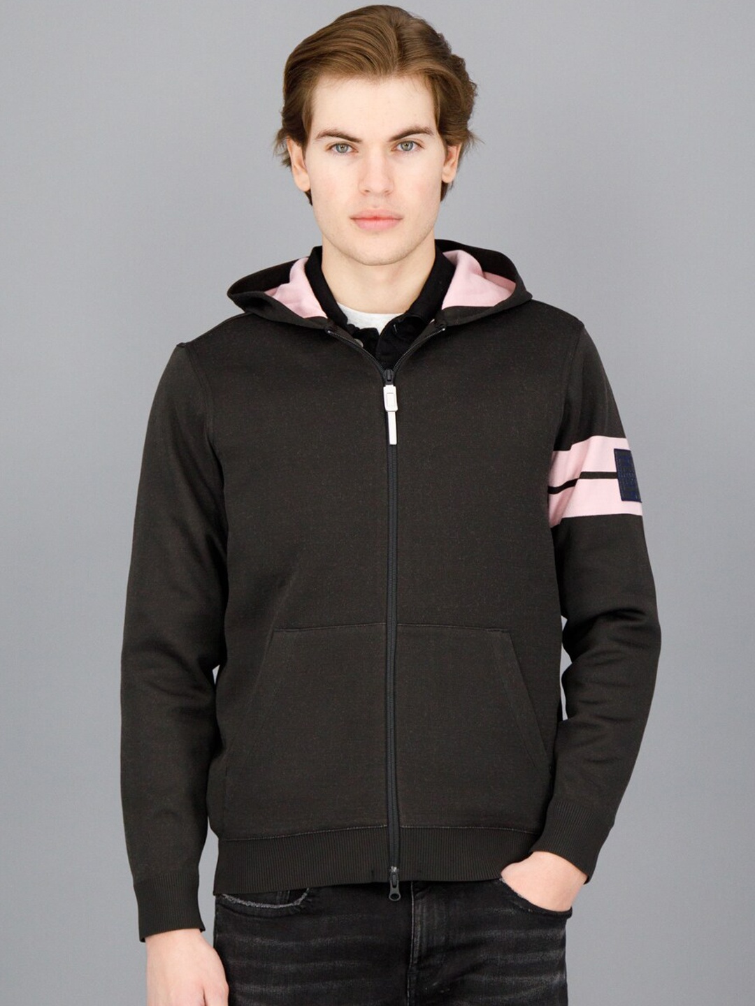 

FREESOUL Men Black & Pink Hooded Open Front Jacket