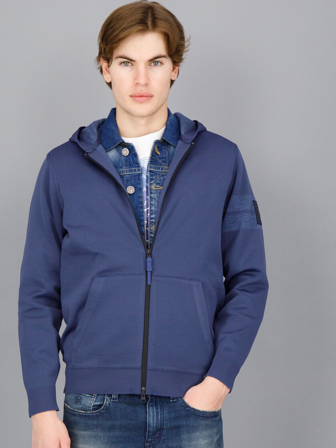 

FREESOUL Men Blue Hooded Open Front Jacket