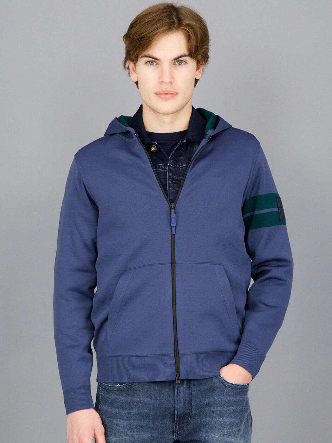 

FREESOUL Men Blue & Green Hooded Open Front Jacket