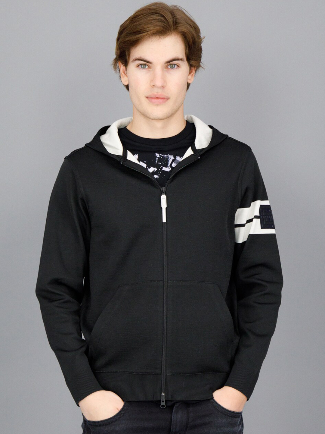 

FREESOUL Men Black & White Hooded Open Front Jacket