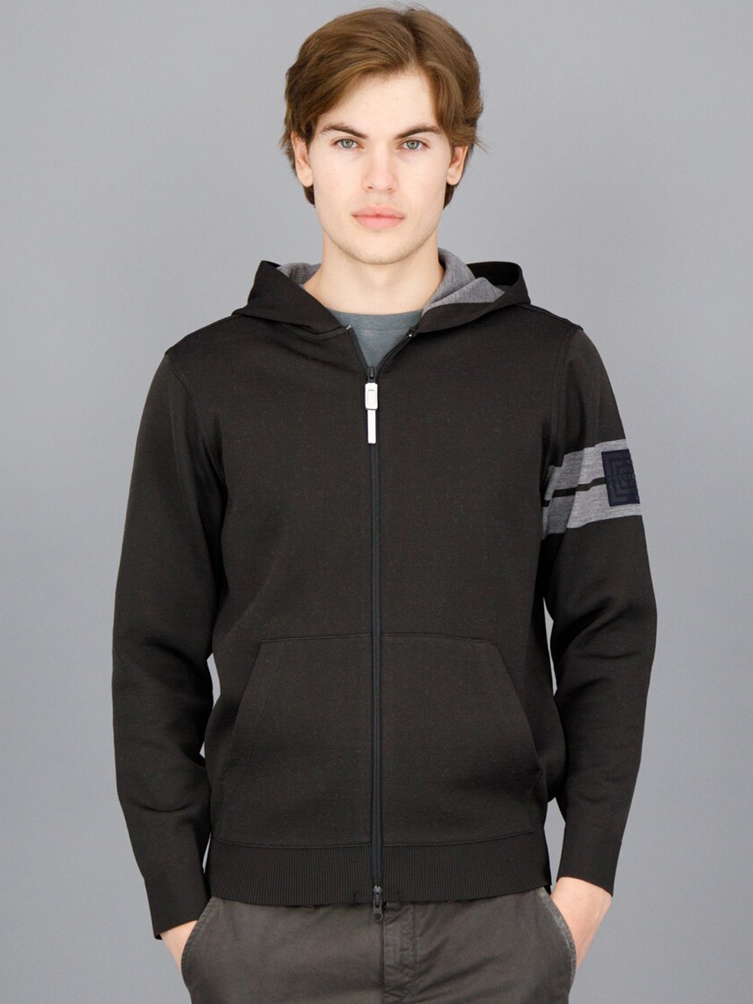 

FREESOUL Men Black & Grey Hooded Open Front Jacket