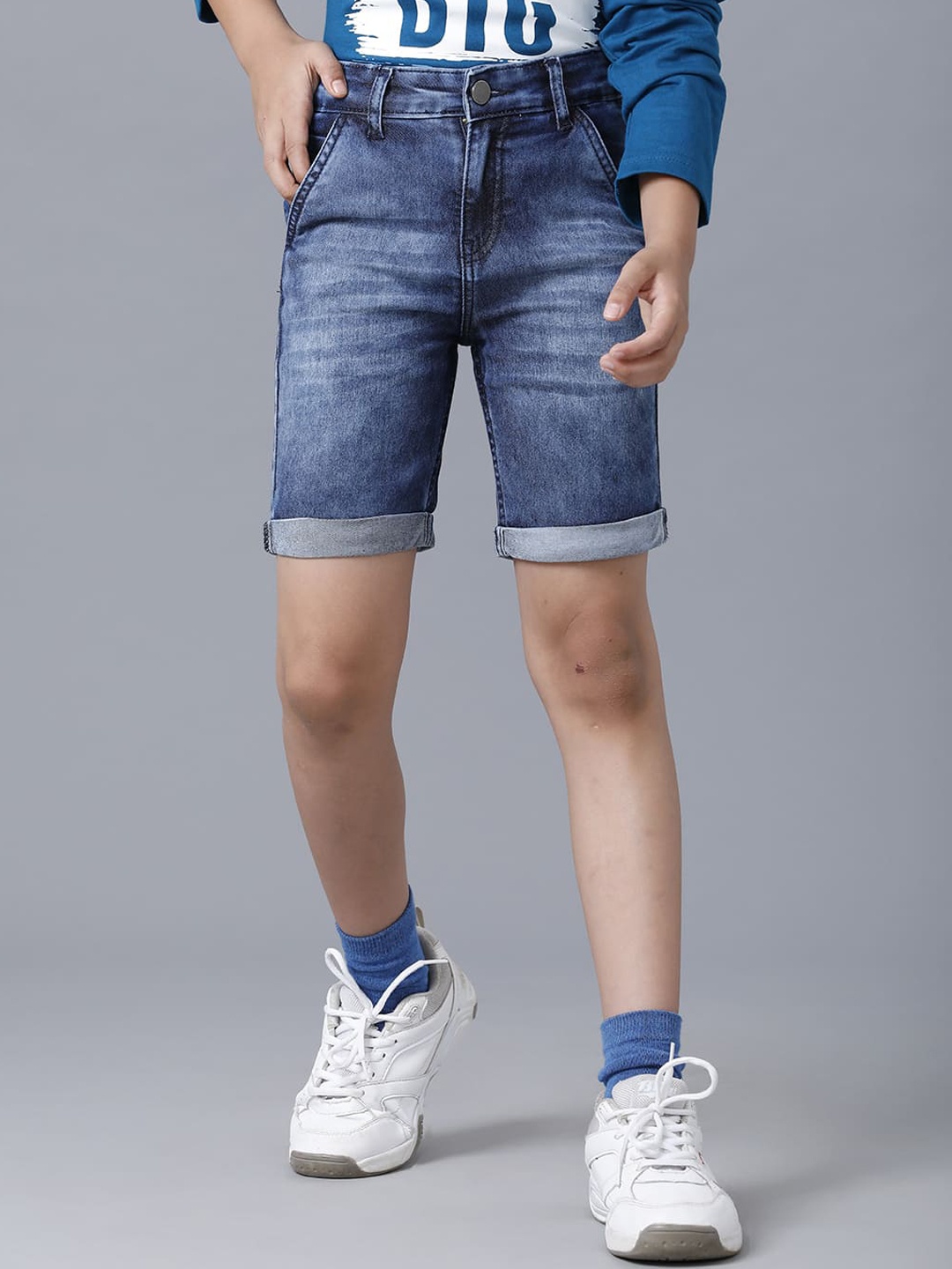 

UNDER FOURTEEN ONLY Boys Navy Blue Slim Fit Denim Shorts