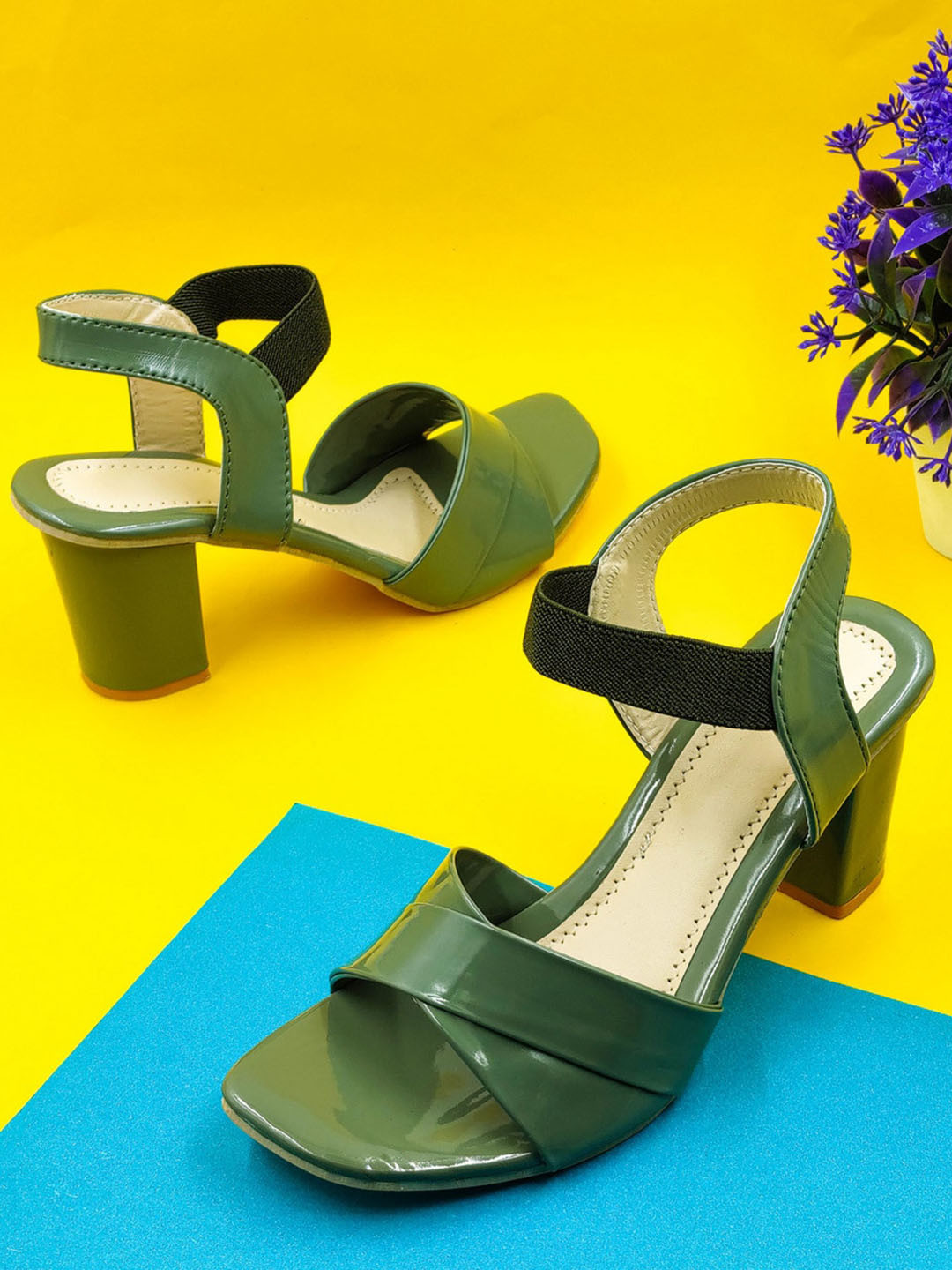 

Sayera Green Colourblocked Party Block Sandals with Buckles
