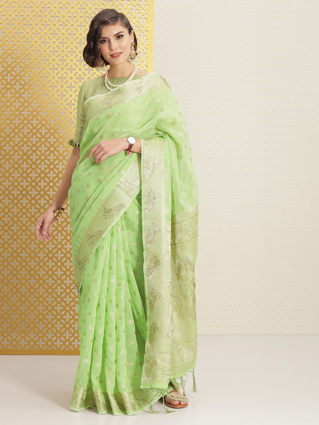 

House of Pataudi Green Ethnic Motifs Sequinned Silk Blend Chanderi Saree
