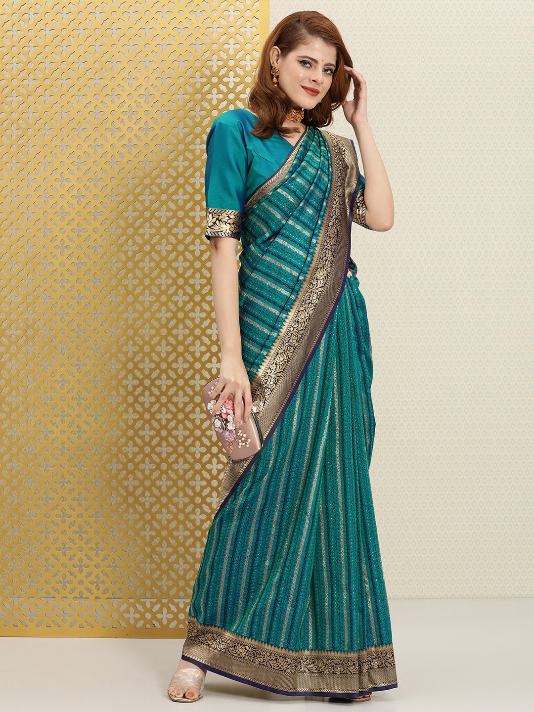 

House of Pataudi Blue & Teal Striped Zari Silk Blend Saree