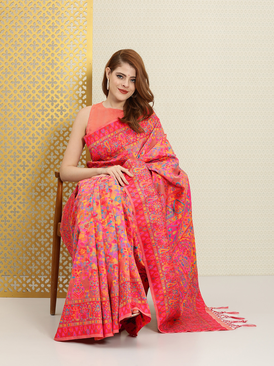 

House of Pataudi Pink Floral Woven Design Chanderi Saree