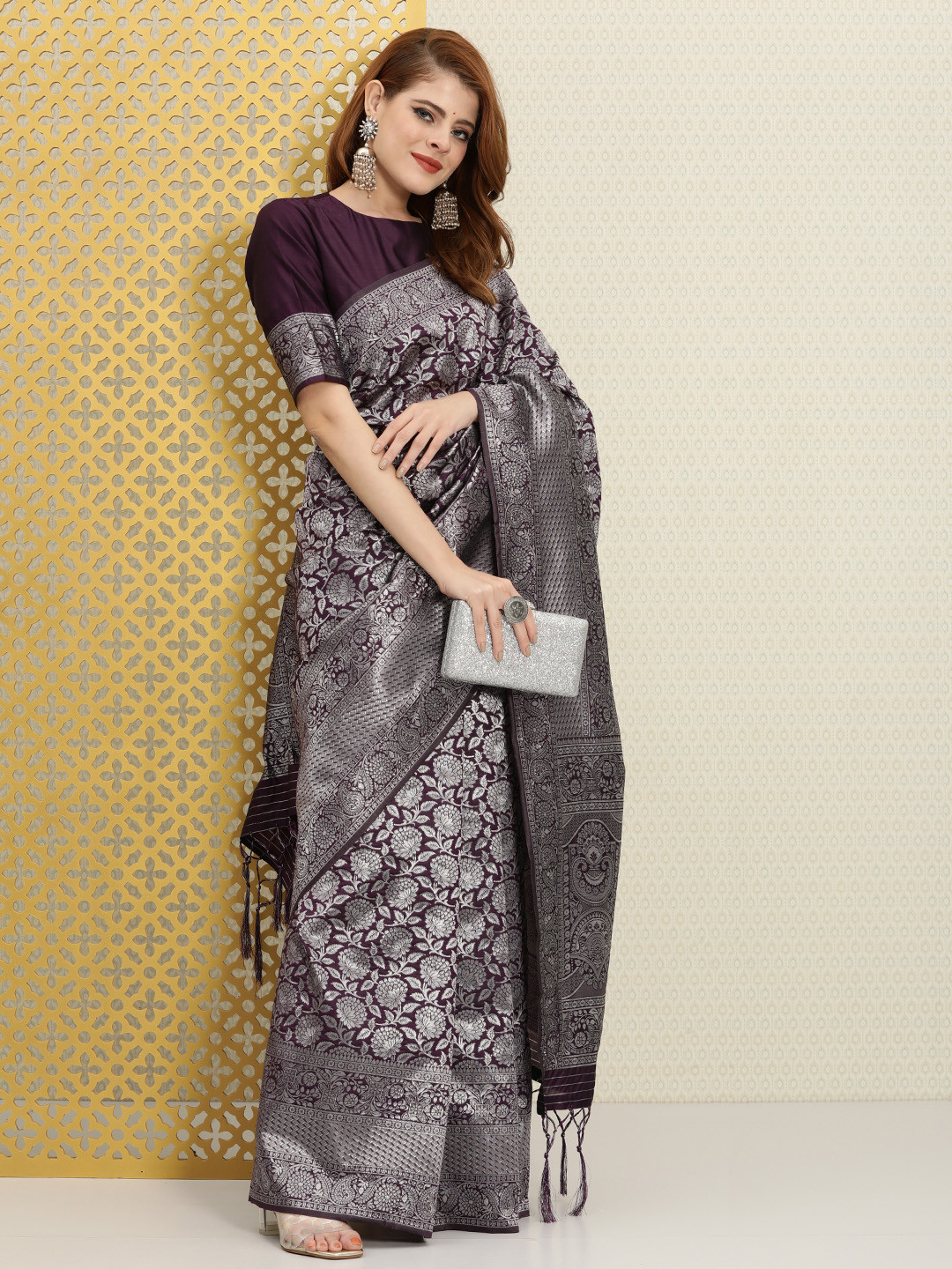 

House of Pataudi Purple & Silver Woven Design Jaali Silk Blend Saree