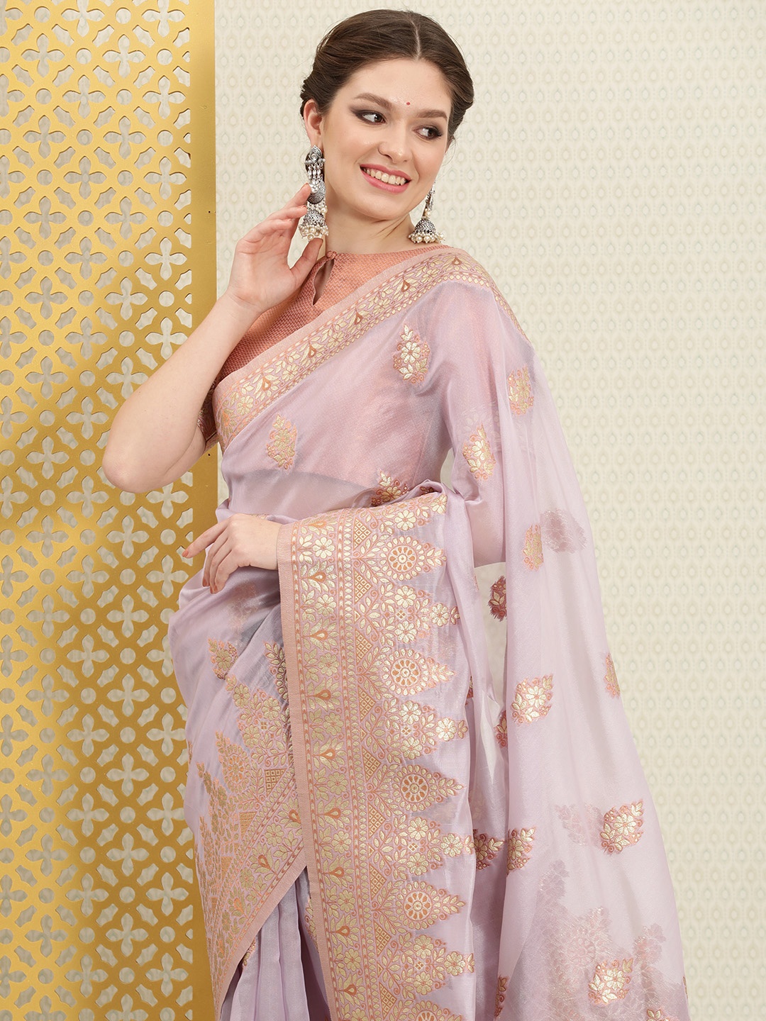 

House of Pataudi Lavender & Golden Woven Design Zari Soft Organza Saree