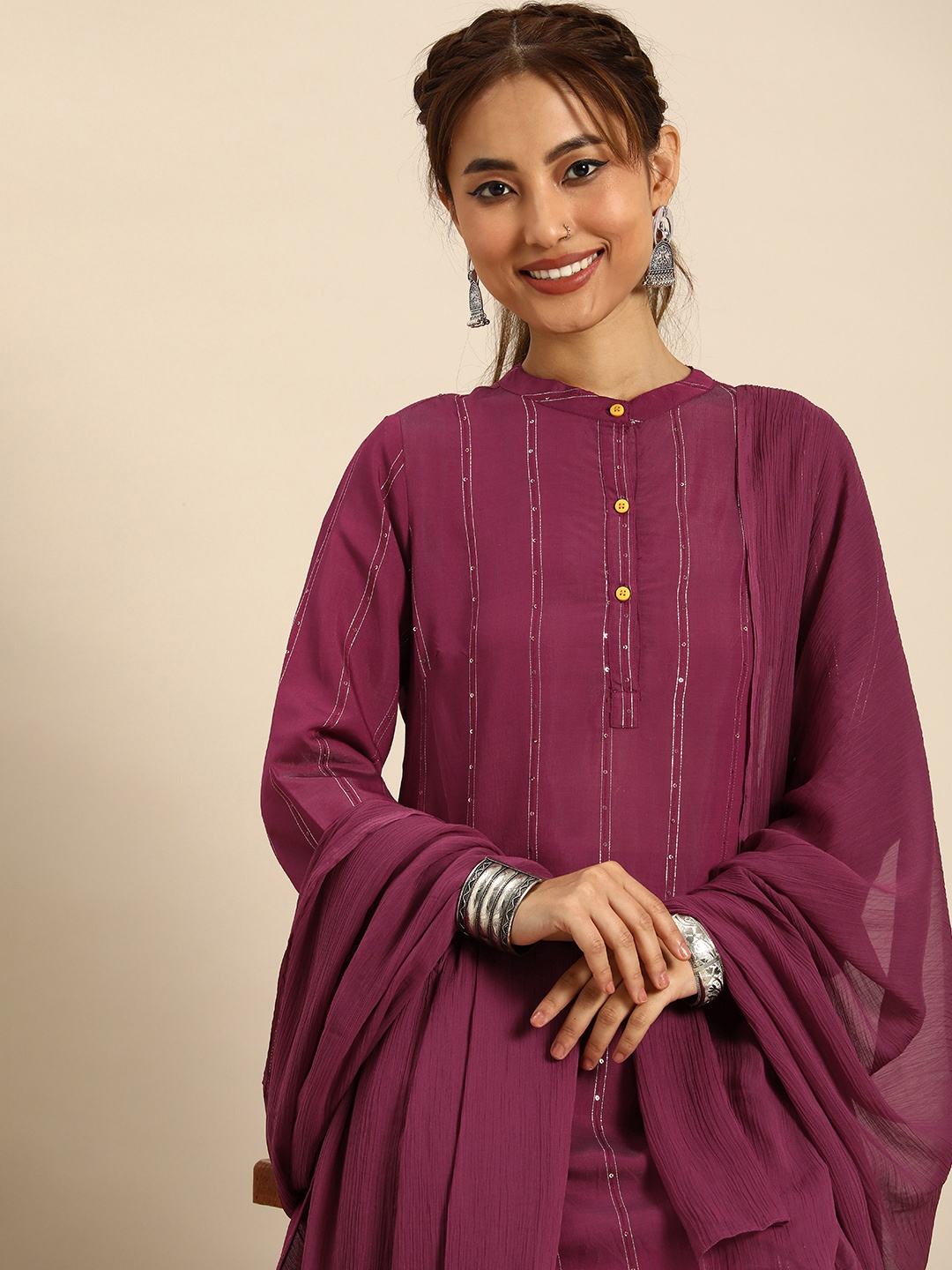 

Sangria Women Sequinned Chanderi Silk Kurta With Salwar & With Dupatta, Violet