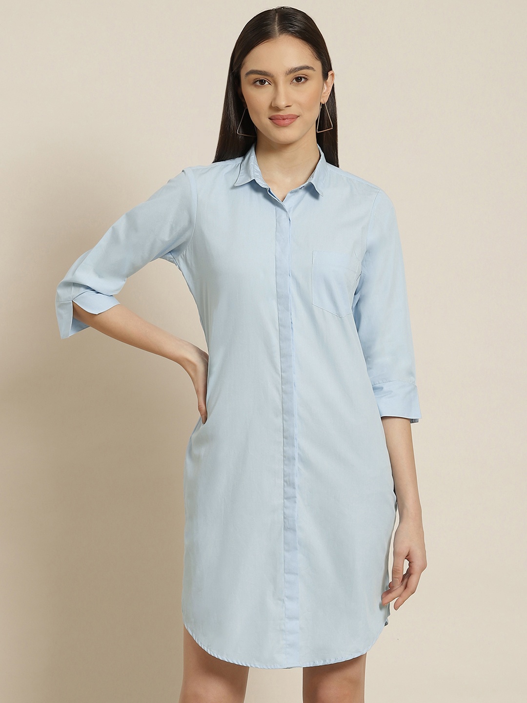 

Hancock Women Blue Solid Pure Cotton Formal Shirt Dress