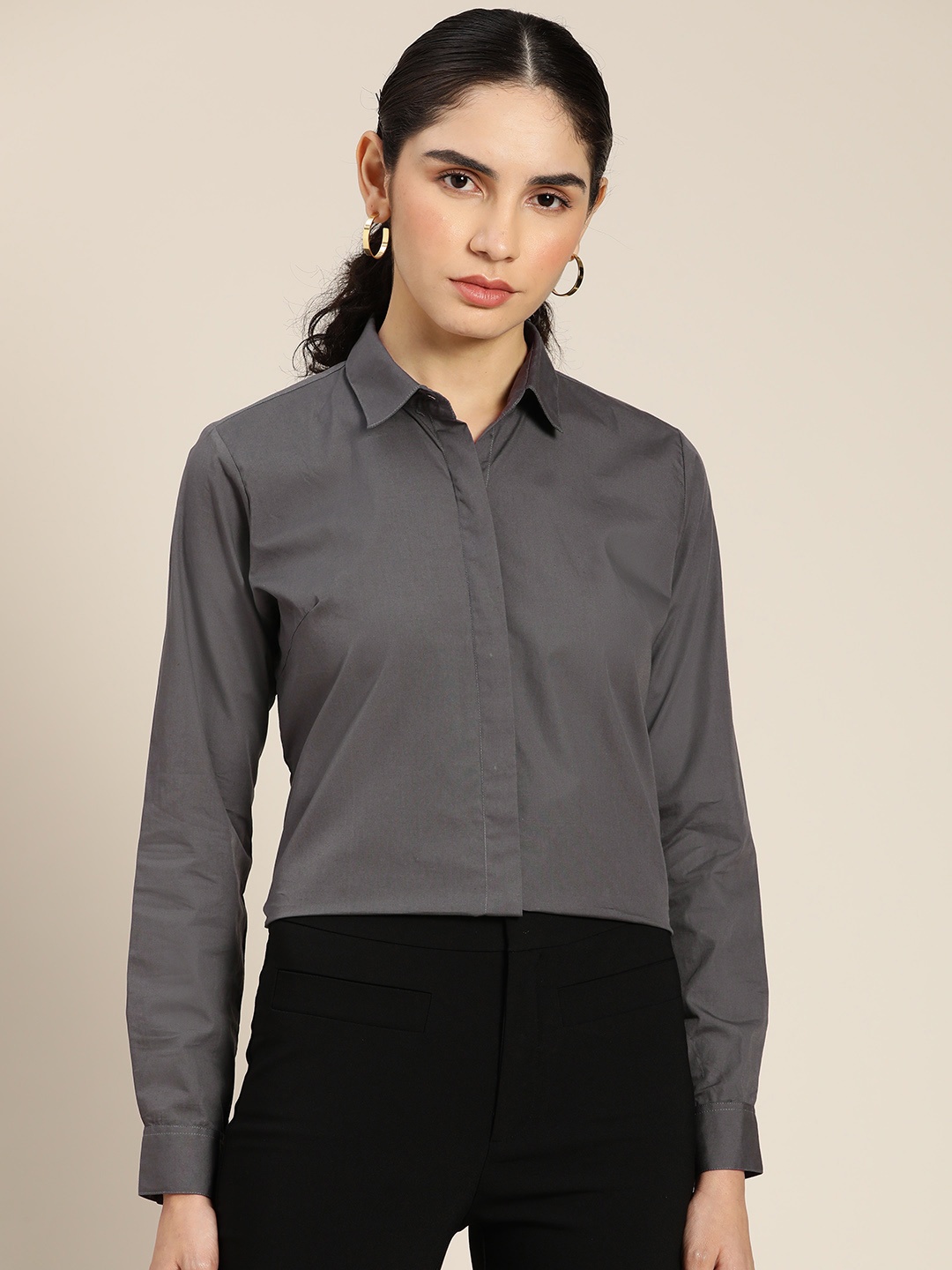 

Hancock Women Charcoal Grey Solid Regular Fit Pure Cotton Formal Shirt