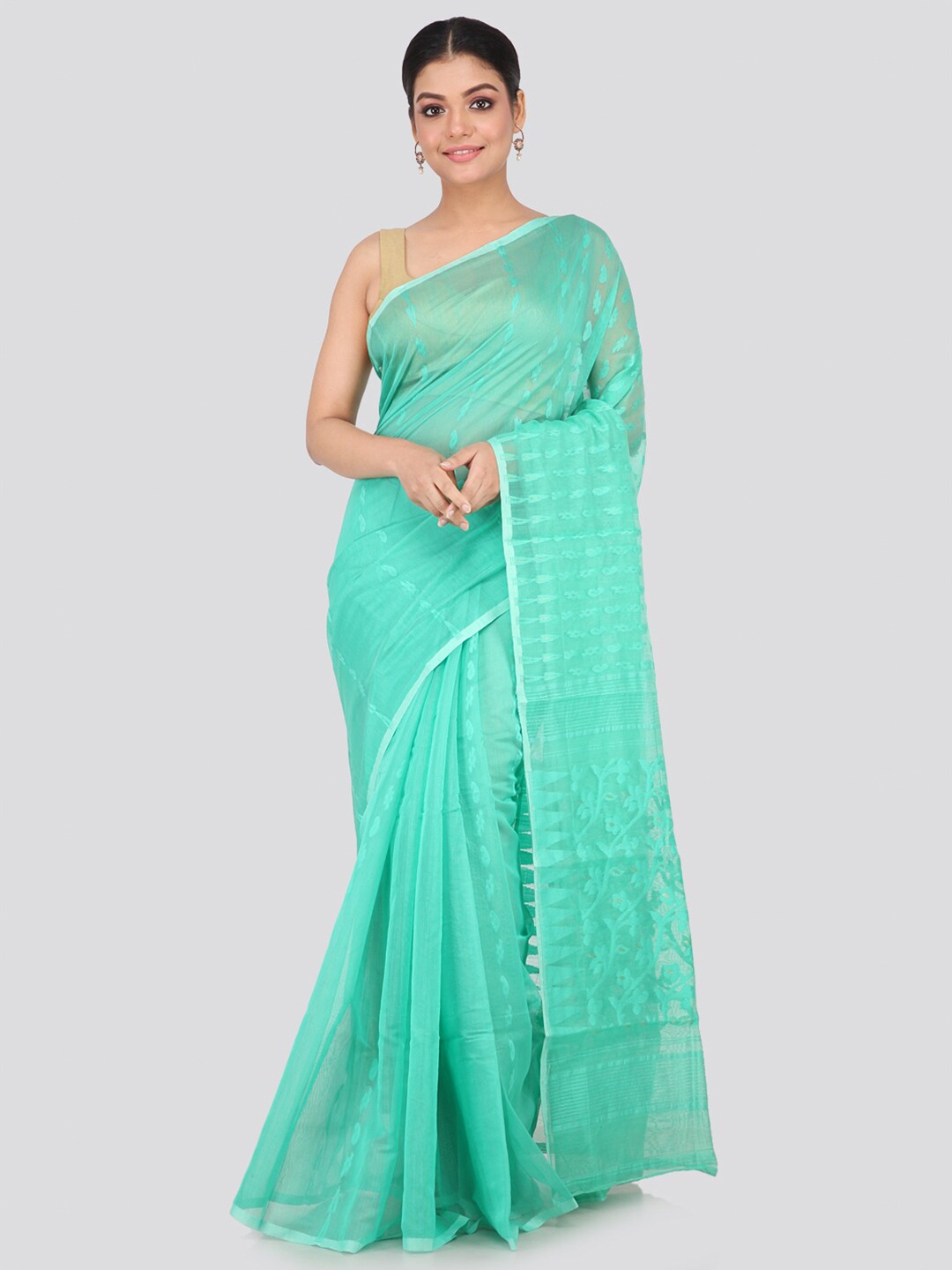 

PinkLoom Green Woven Design Zari Pure Cotton Jamdani Saree