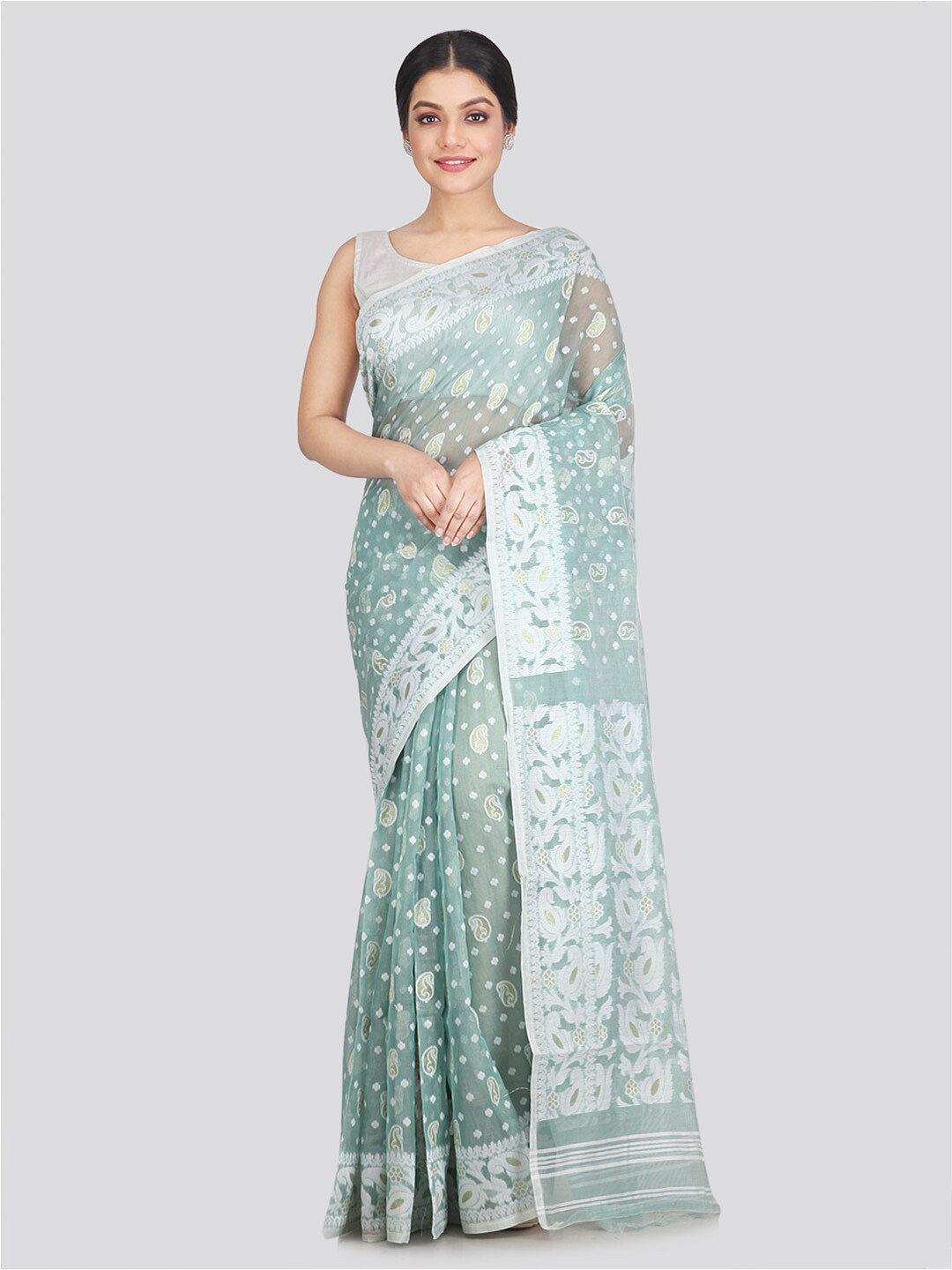 

PinkLoom Green & White Woven Design Pure Cotton Jamdani Saree