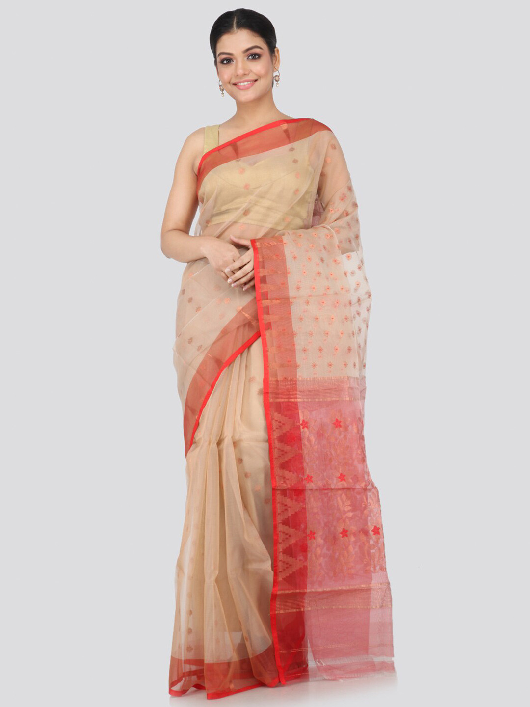

PinkLoom Beige & Peach-Coloured Woven Design Pure Cotton Jamdani Saree