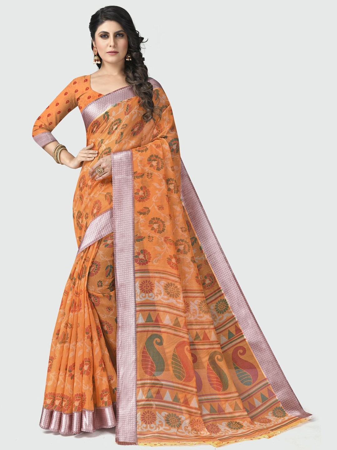 

KALINI Orange & Green Paisley Pure Cotton Saree