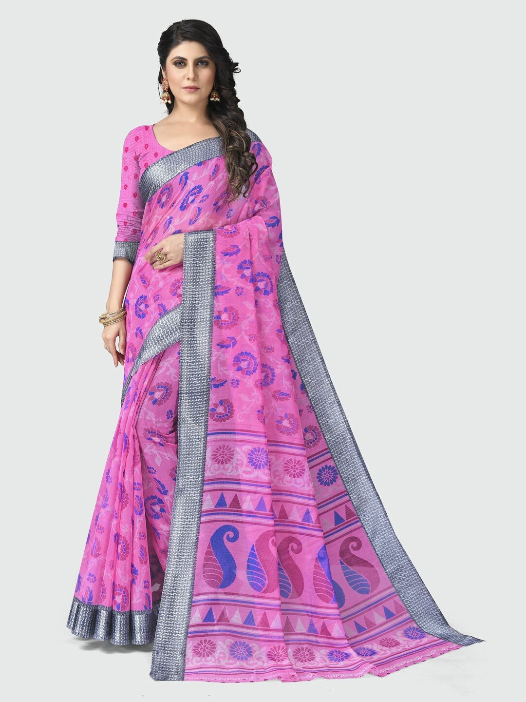 

KALINI Pink & Blue Floral Printed Pure Cotton Saree With Unstitched Blouse