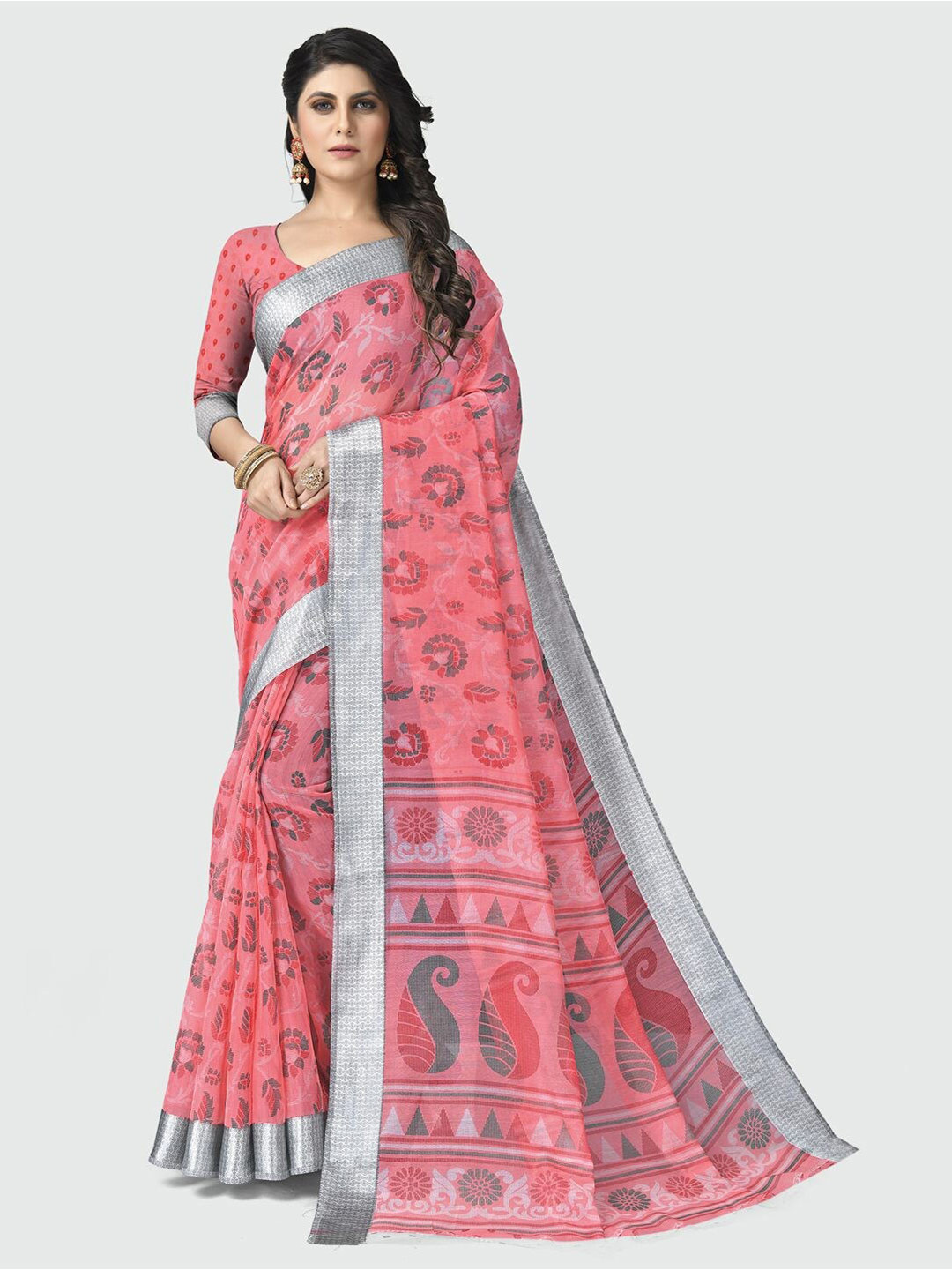 

KALINI Peach & Grey Floral Printed Pure Cotton Saree With Unstitched Blouse
