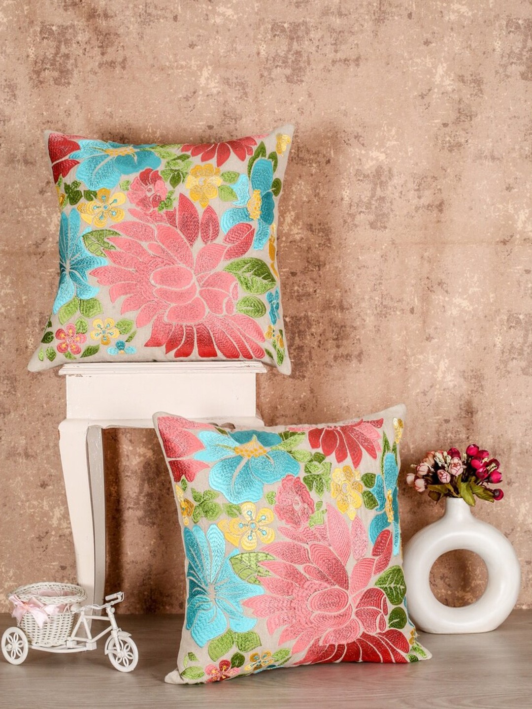 

SHADES of LIFE White & Yellow Set of 2 Embroidered Square Cushion Covers