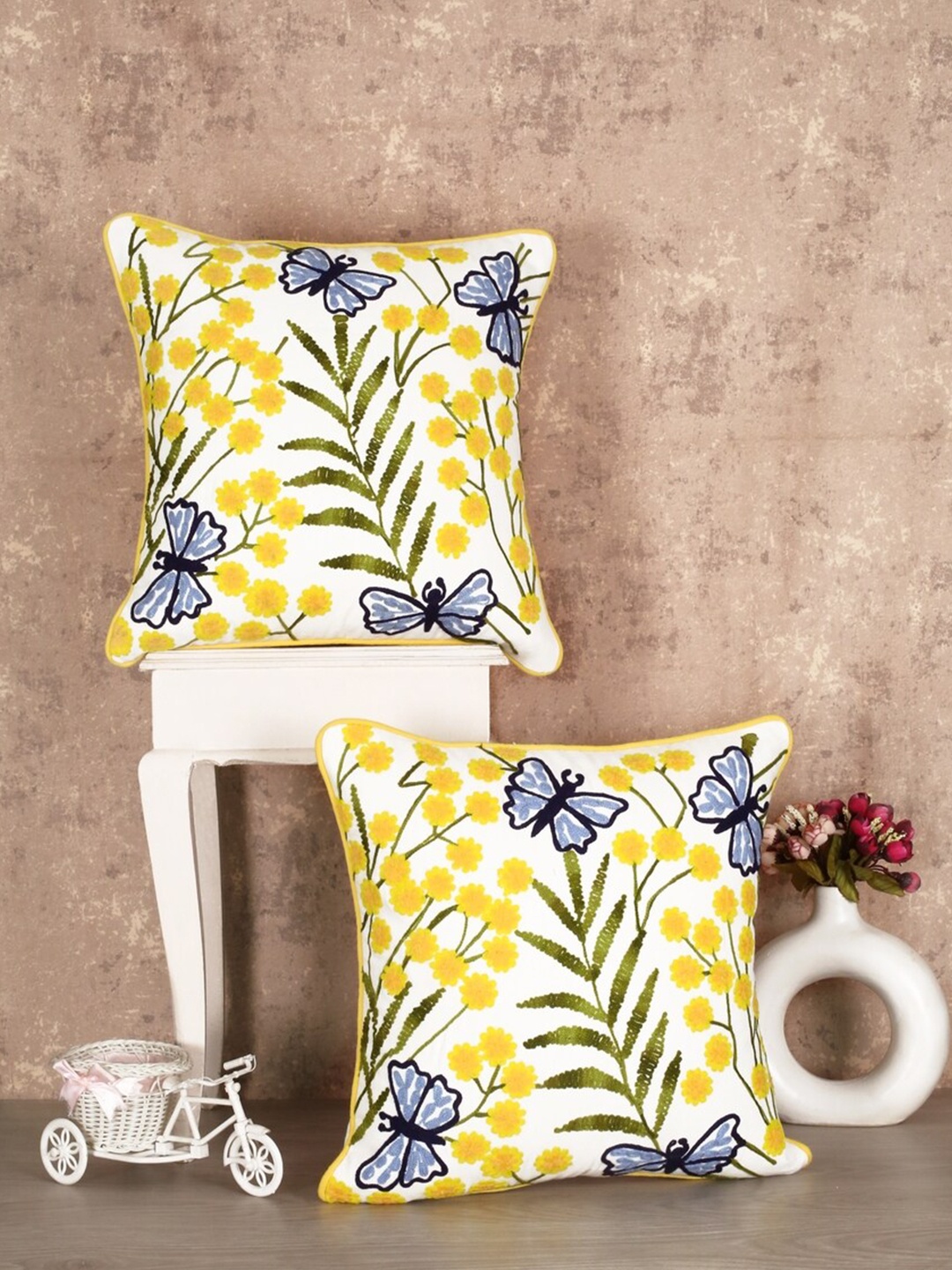 

SHADES of LIFE Set of 2 Beige & Blue Embroidered Square Cushion Covers