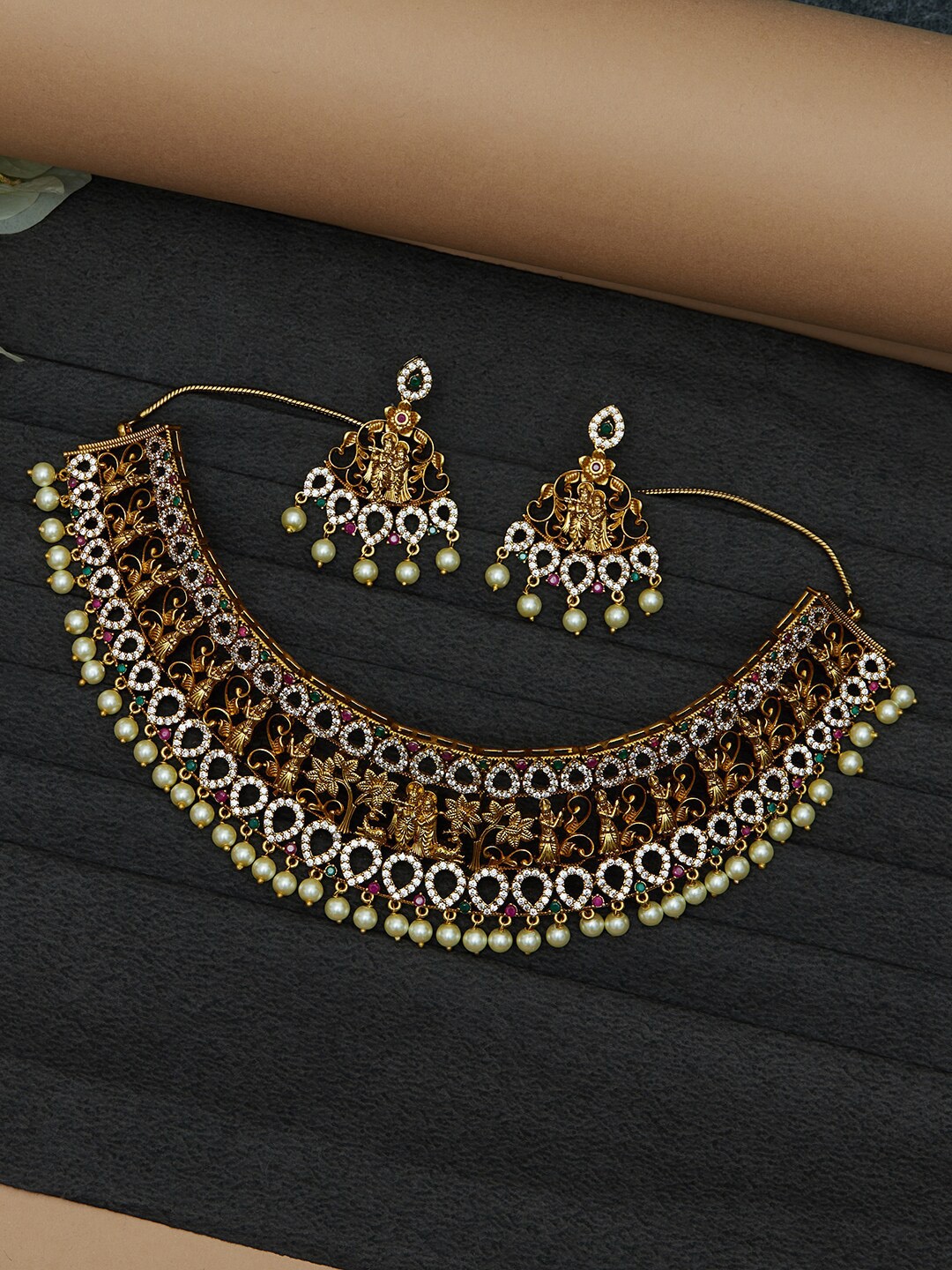 

Voylla Gold-Plated White CZ-Studded Pearl Embellished Jewellery Set