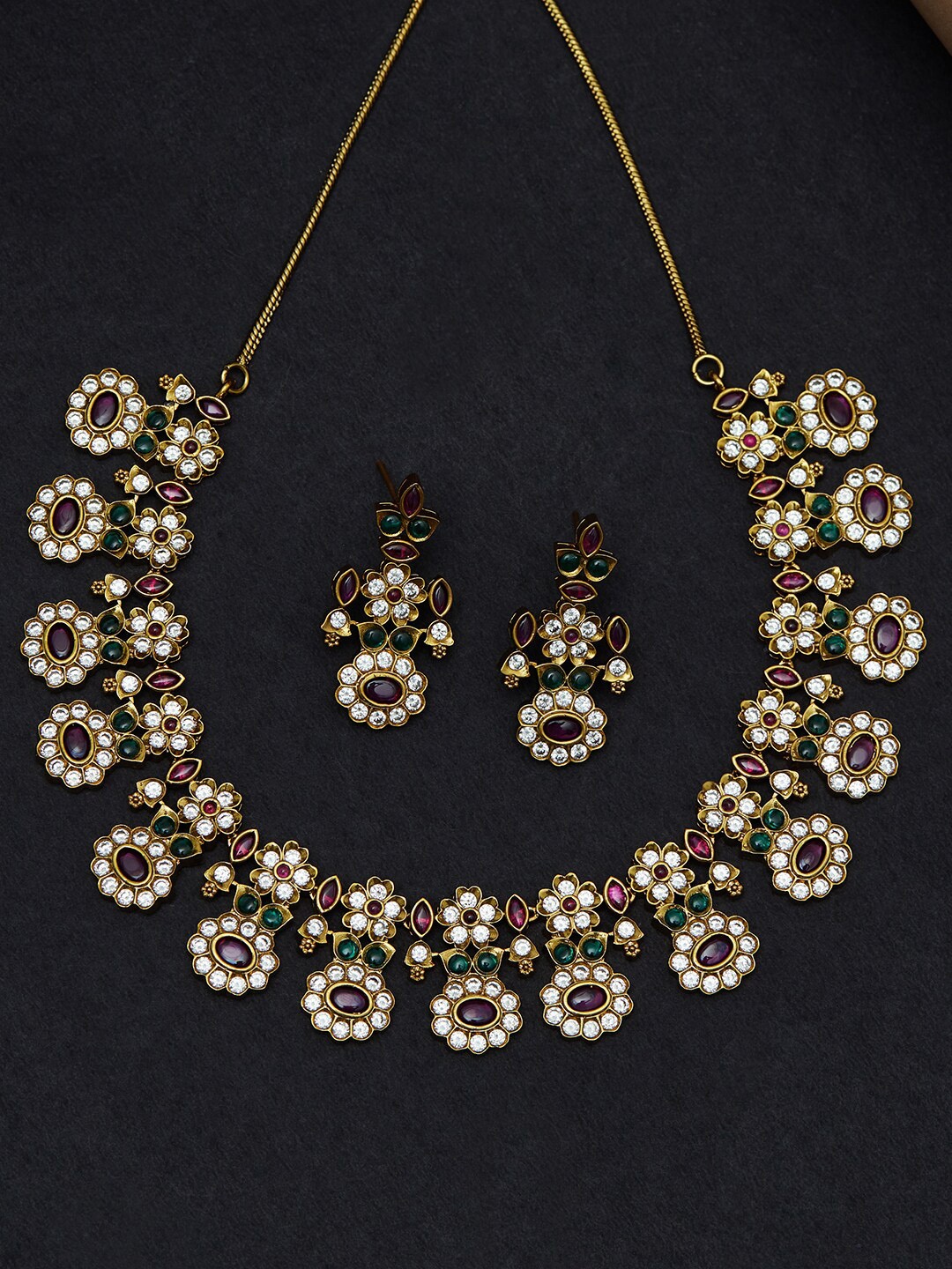 

Voylla Gold-Plated Pink & Green CZ-Studded & Beaded Jewellery Set