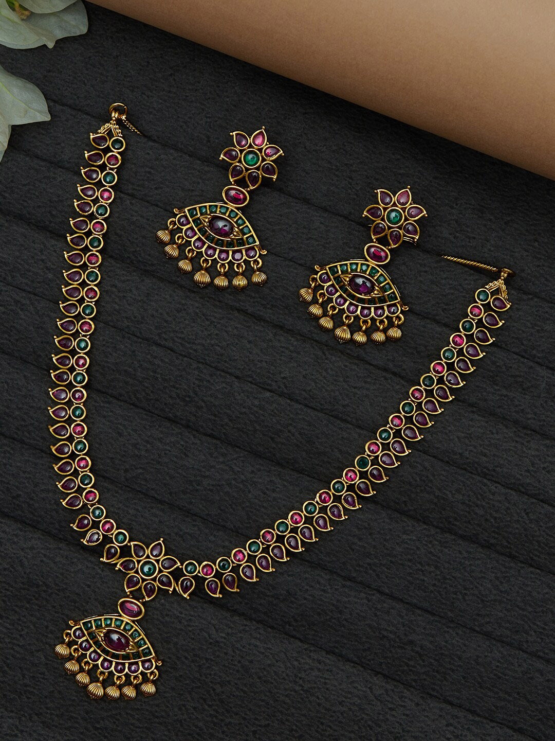 

Voylla Gold-Plated Pink & Green Stone-Studded Jewellery Set