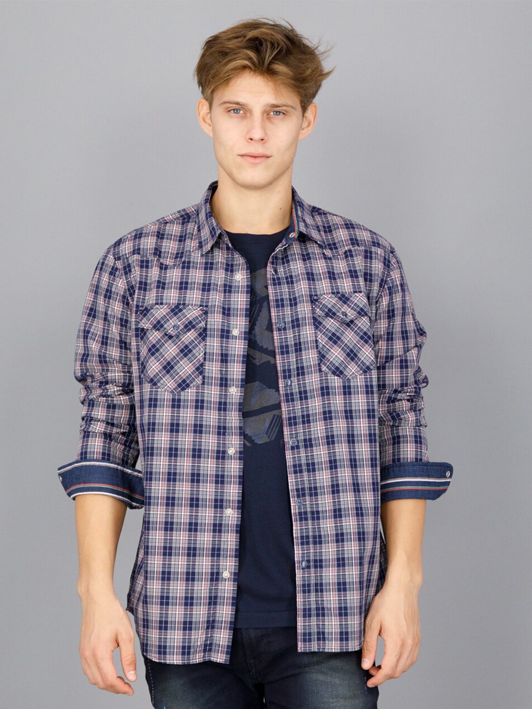 

FREESOUL Men Blue Slim Fit Tartan Checks Checked Pure Cotton Casual Shirt