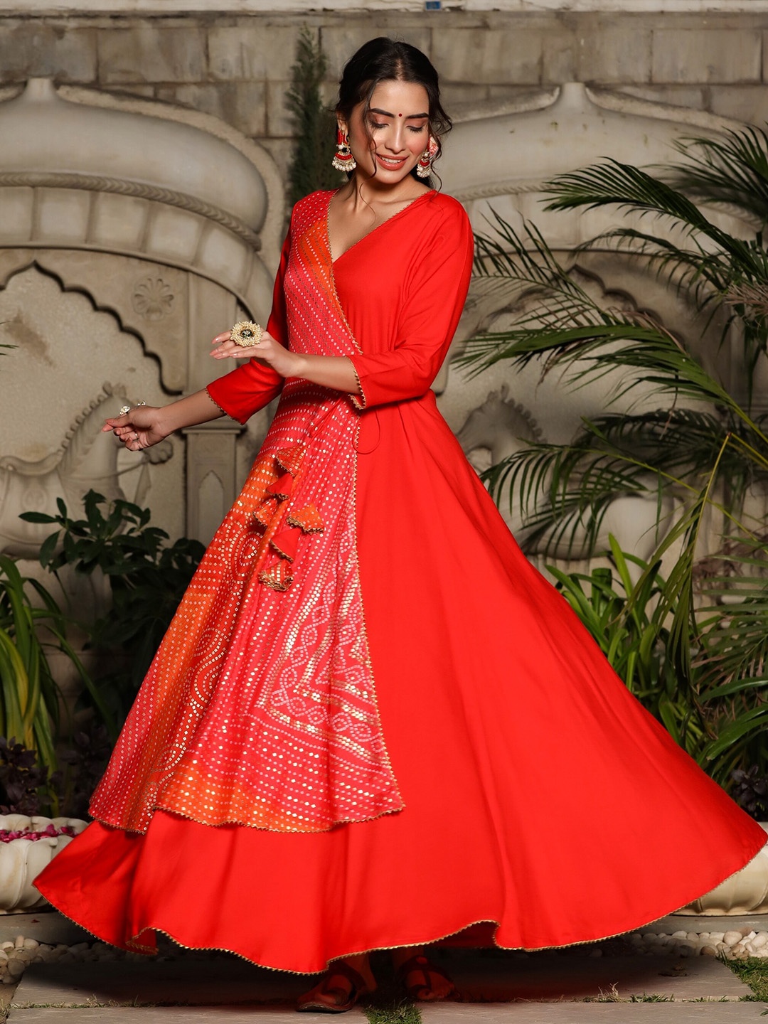 

mirari Women Red Bandhani Printed Handloom Anarkali Kurta