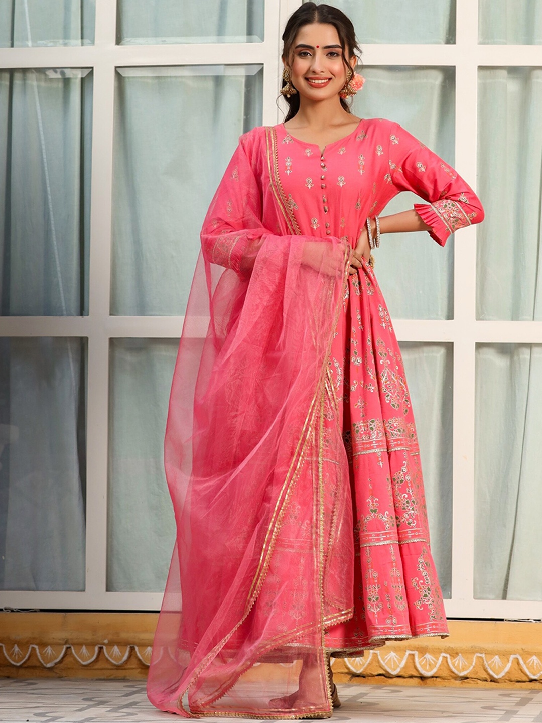 

mirari Women Pink Ethnic Motifs Striped Flared Sleeves Mirror Work Handloom Kurta