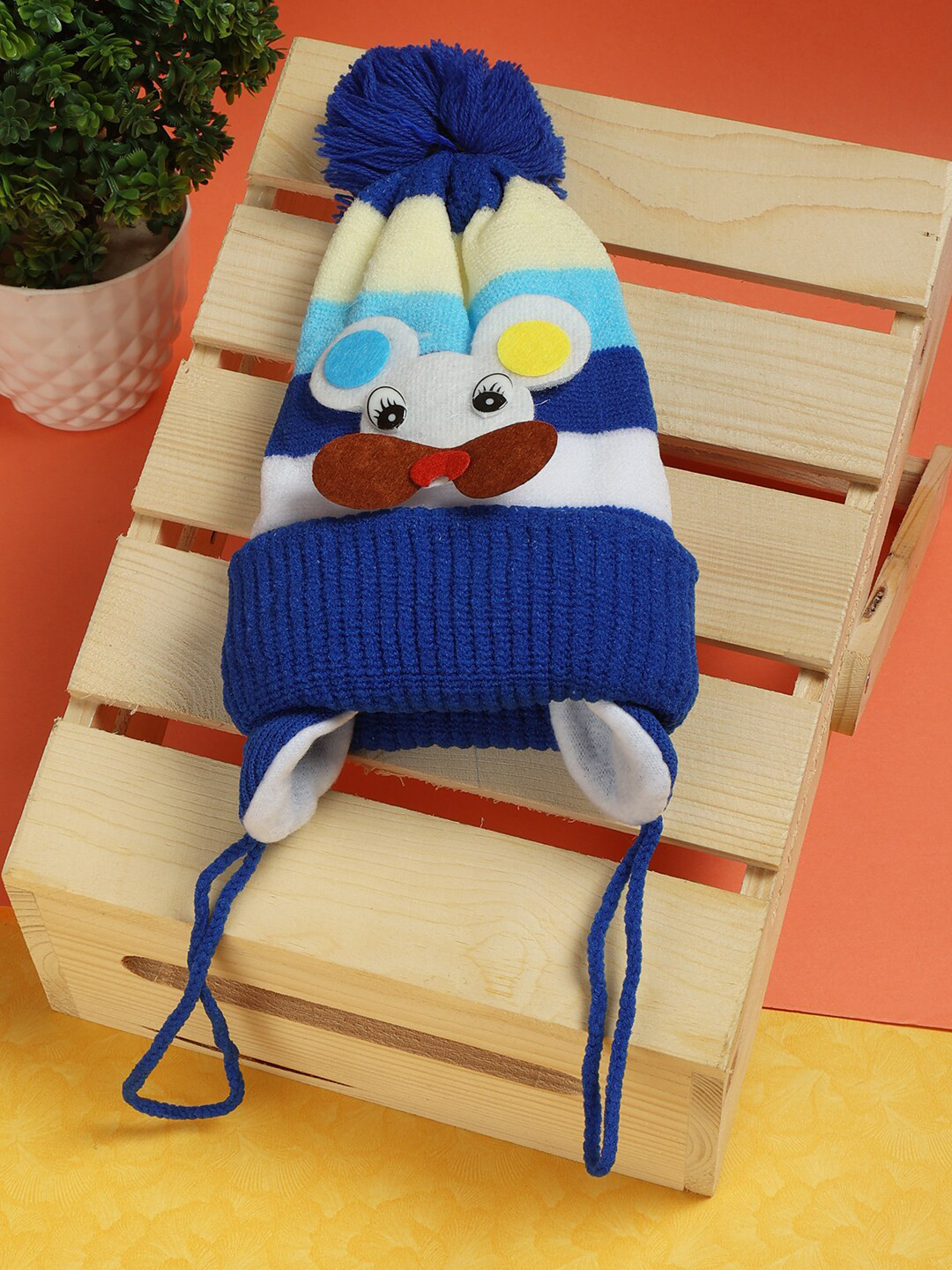

PASSION PETALS Boys Blue And White Cartoon Applique Woolen Beanie
