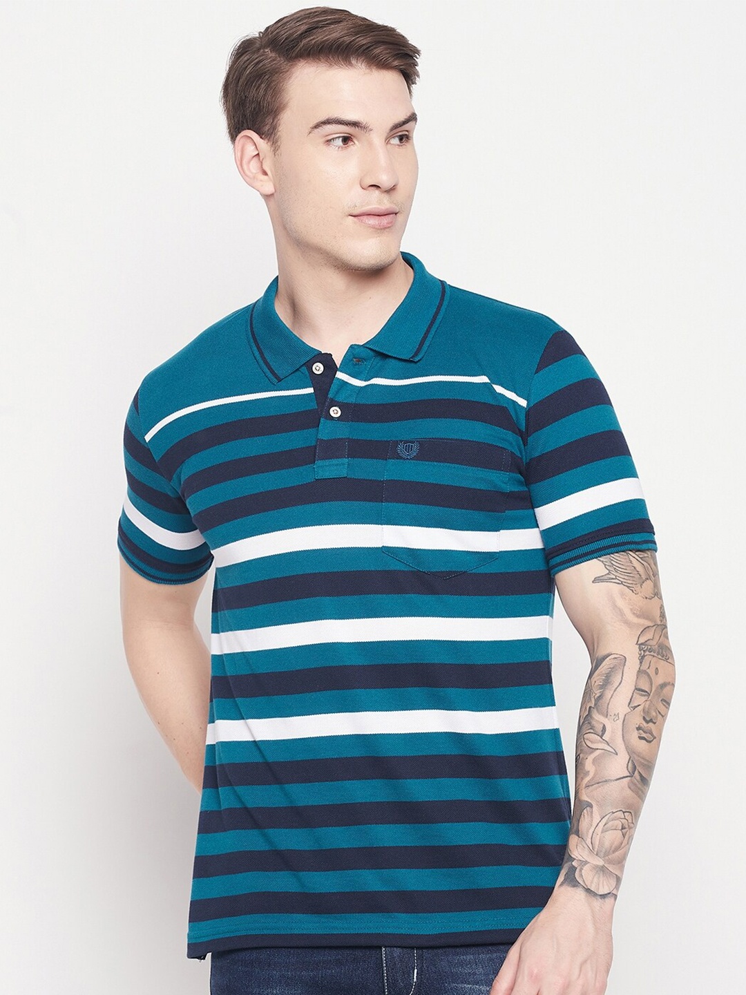 

Duke Men Teal Striped Polo Collar T-shirt