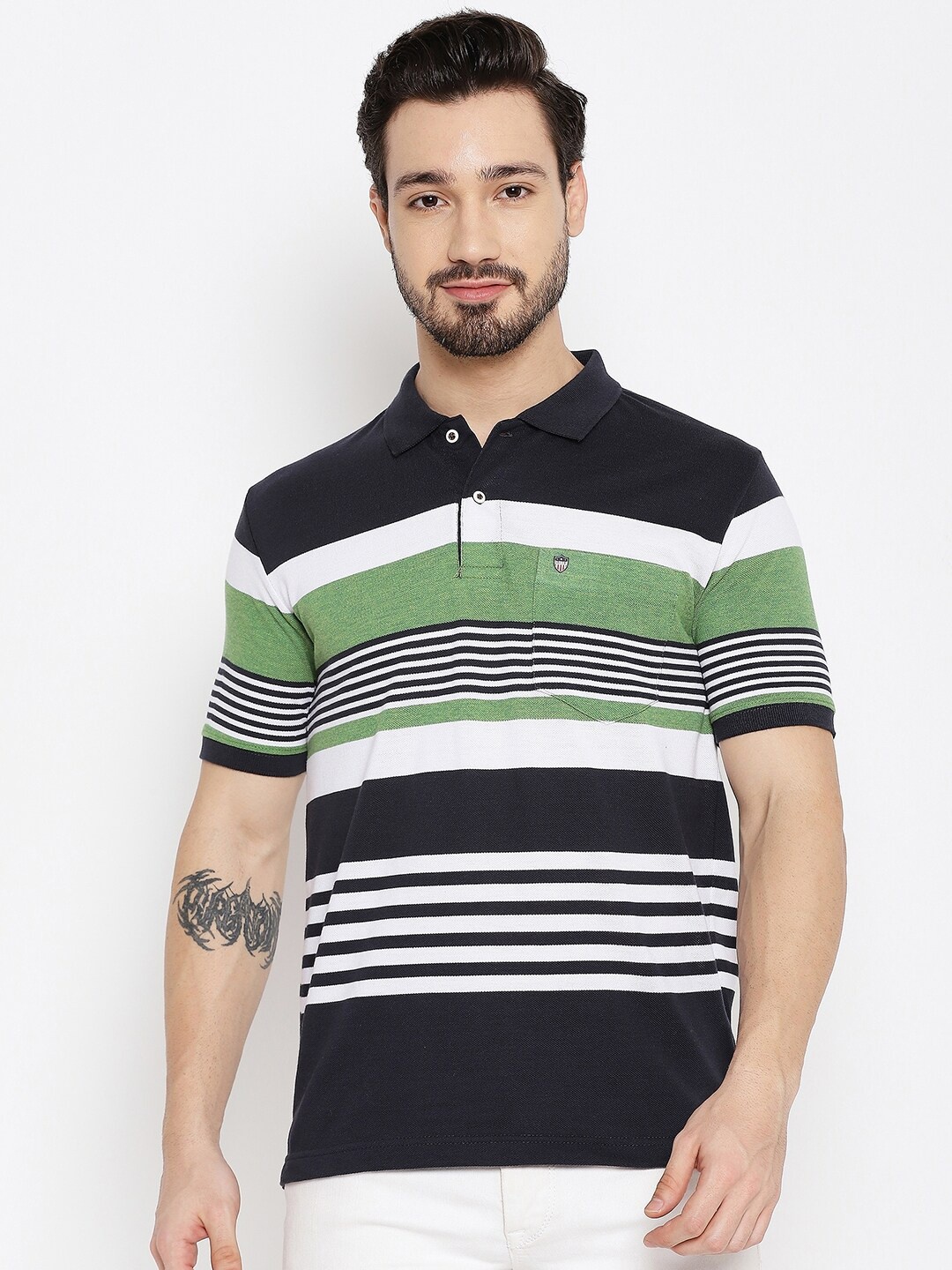 

Duke Men Green & Black Striped Polo Collar T-shirt