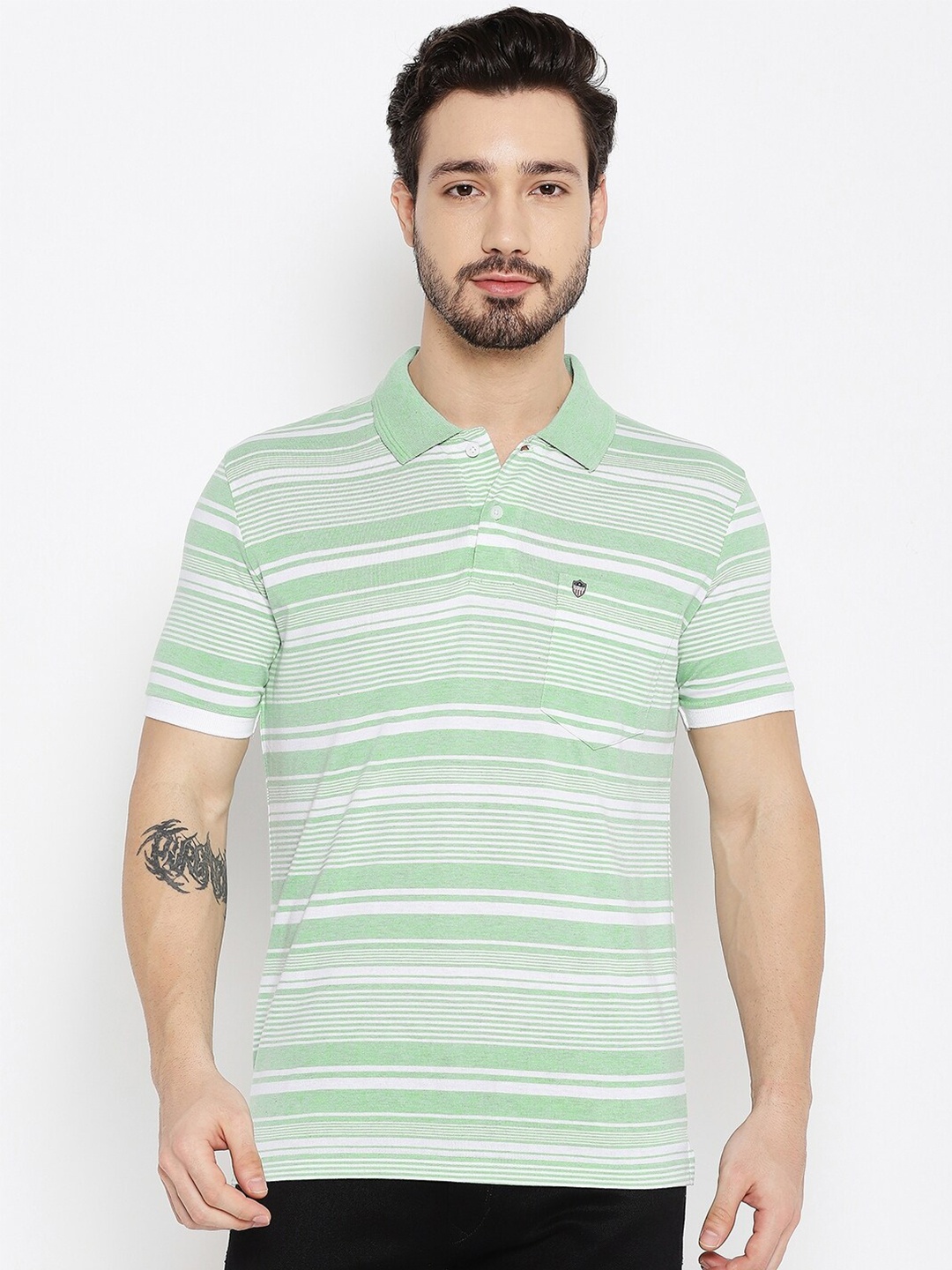 

Duke Men Green Striped Polo Collar T-shirt
