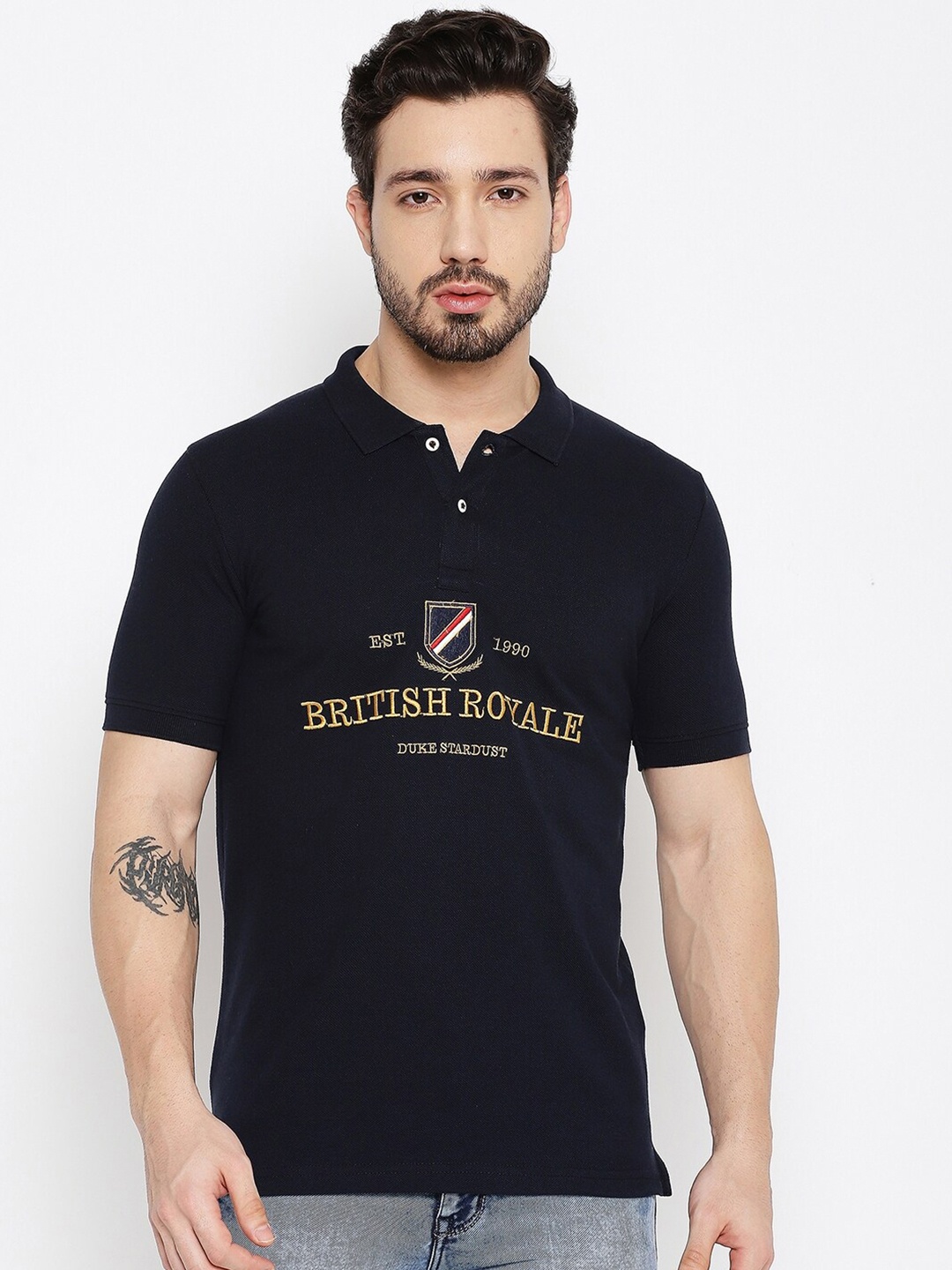 

Duke Men Blue Typography Polo Collar Slim Fit T-shirt