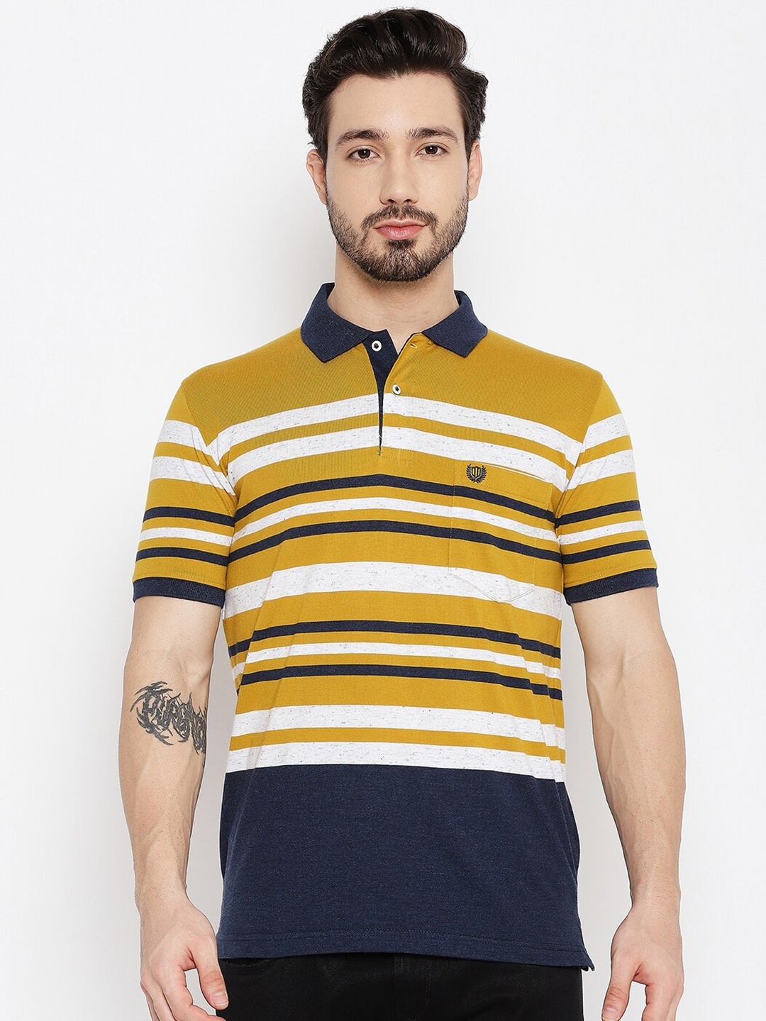 

Duke Men Yellow & Blue Striped Polo Collar T-shirt