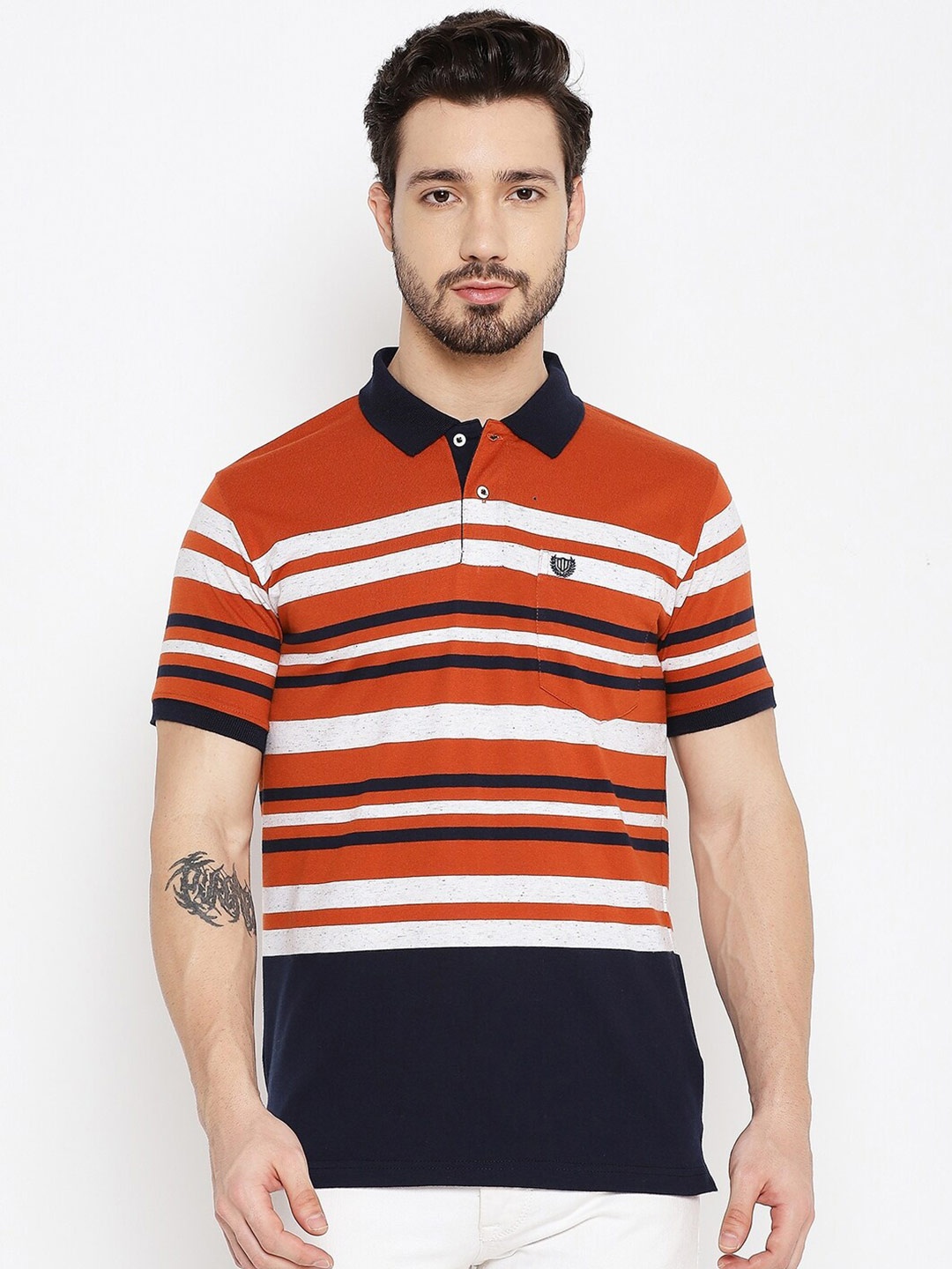 

Duke Men Rust & Blue Striped Polo Collar T-shirt