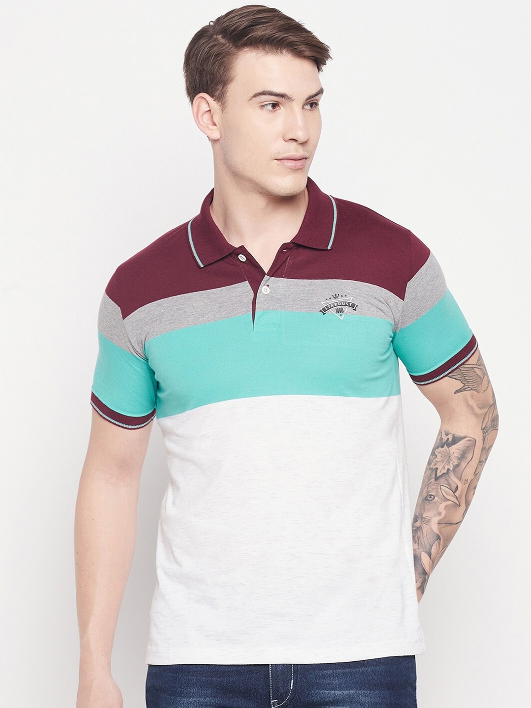 

Duke Men Burgundy & Sea Green Colourblocked Polo Collar Slim Fit T-shirt
