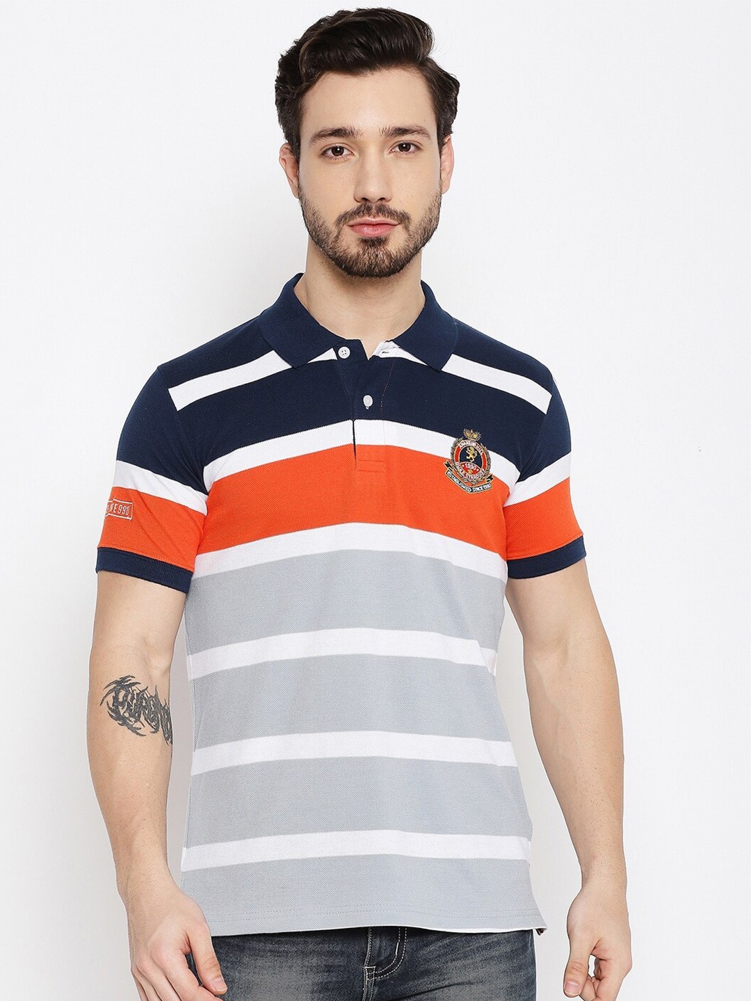 

Duke Men Navy Blue & Orange Striped Polo Collar Slim Fit T-shirt