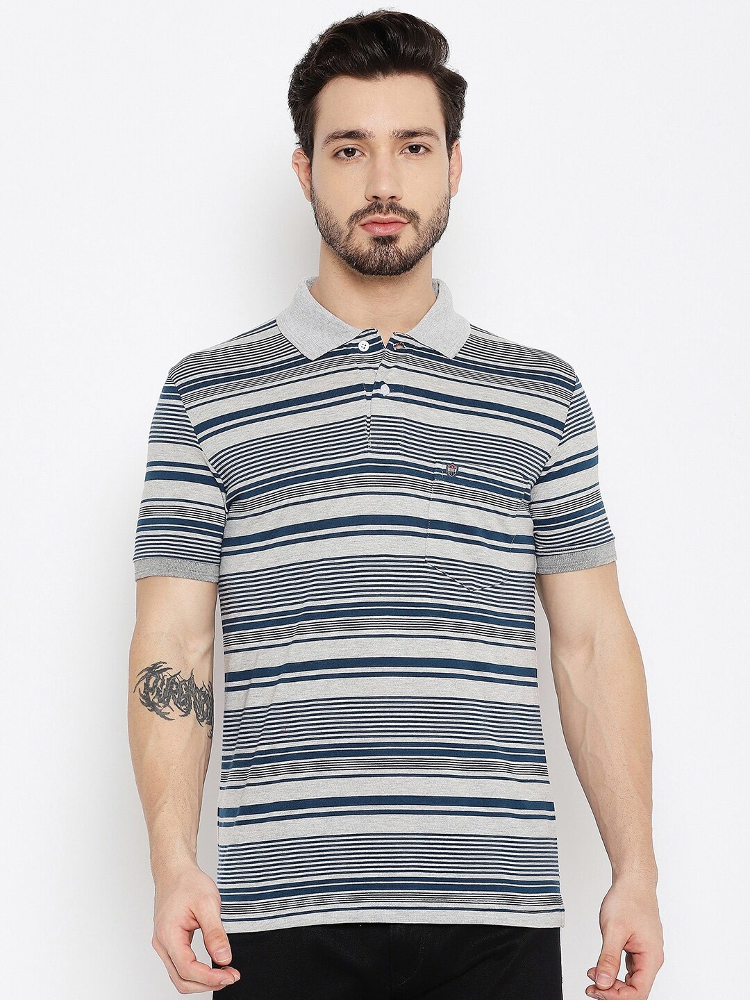 

Duke Men Grey Striped Polo Collar T-shirt