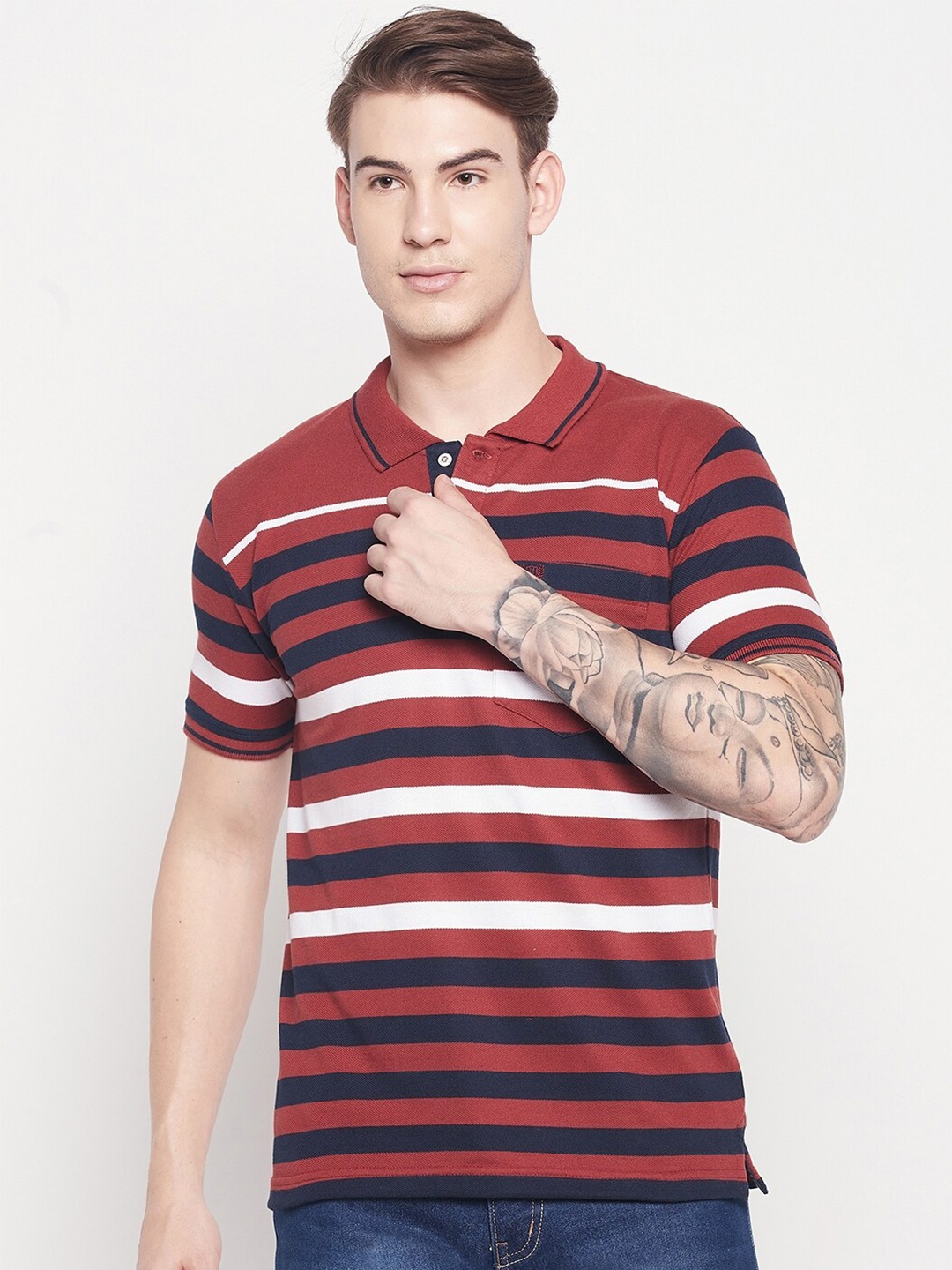 

Duke Men Red Striped Polo Collar T-shirt