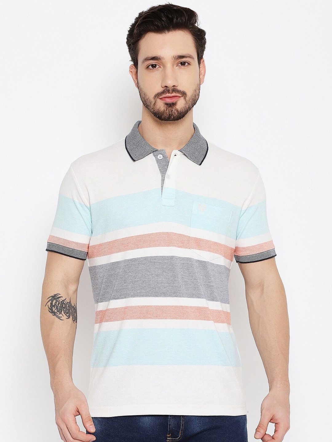 

Duke Men Blue & White Striped Polo Collar T-shirt