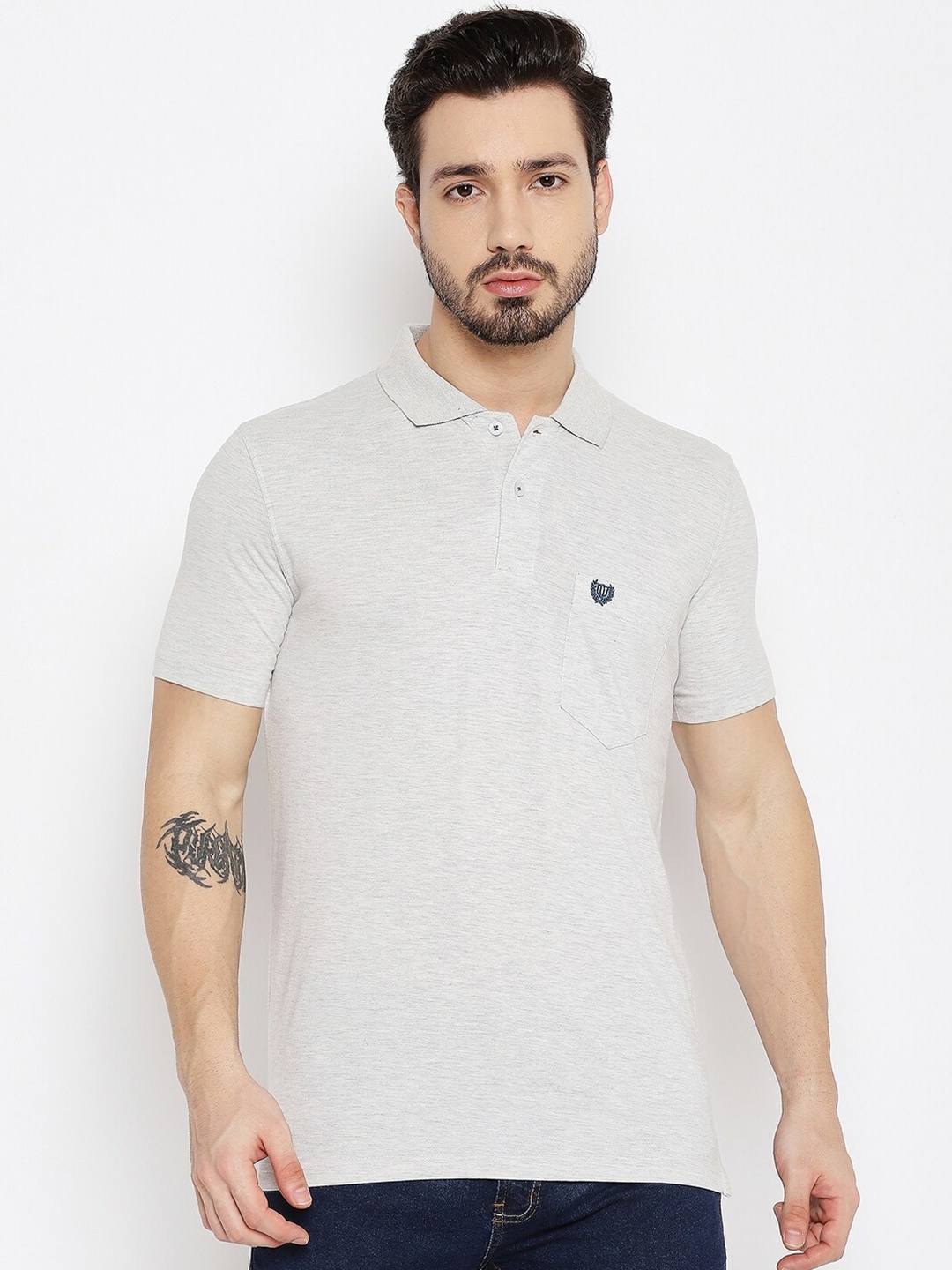 

Duke Men Grey Melange Polo Collar T-shirt